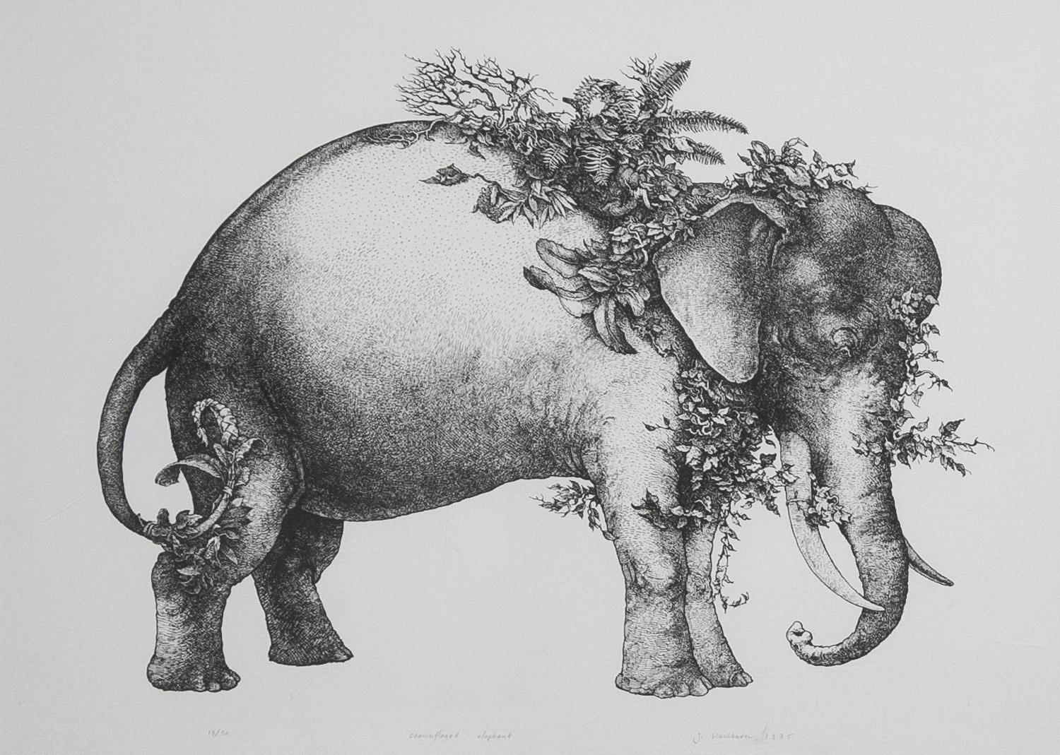 Camouflaged Elephant original lithograph 1975