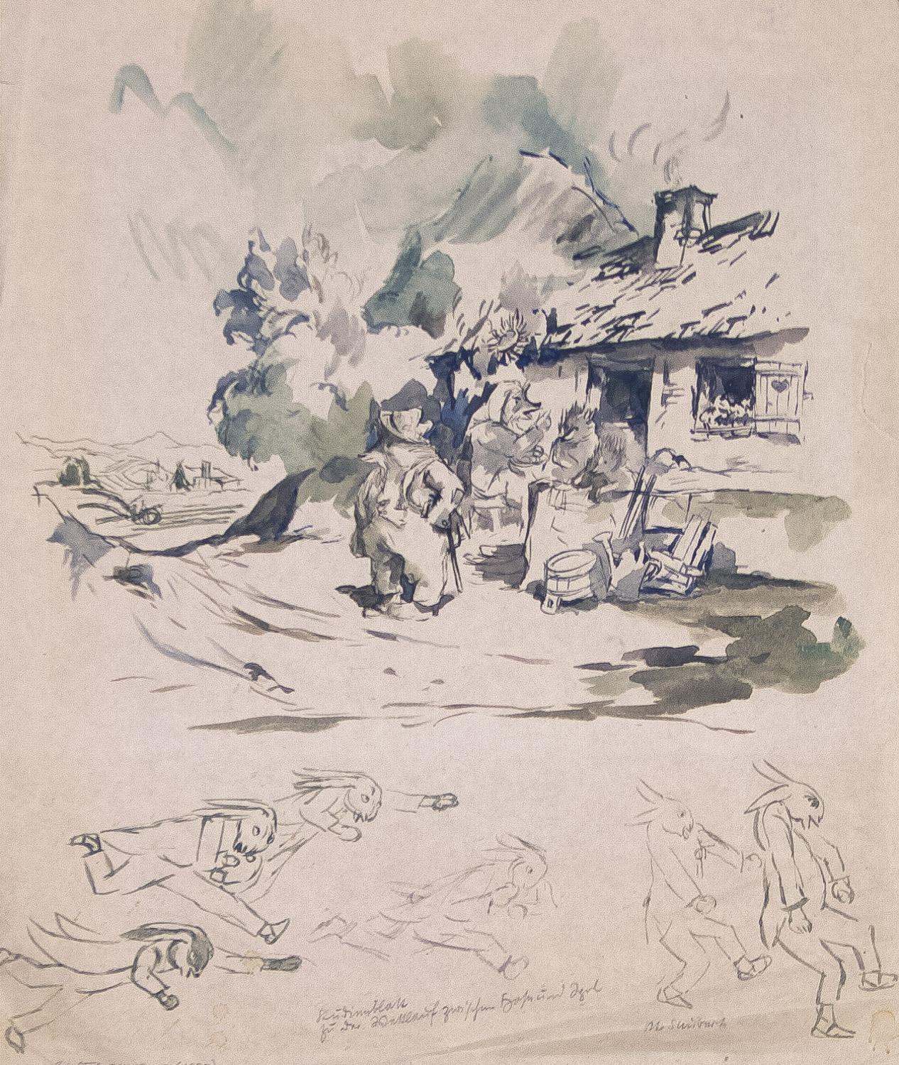 Otto Schubert Pen & Ink Fairy Tale ist eine originale Bleistiftskizze aus dem Jahr 1927 von einer der Illustrationen des Künstlers für ein Märchen. Ein Fuchsvater und eine Fuchsmutter unterhalten sich mit zwei jüngeren Versionen ihrer selbst. Sie