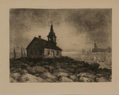 Antique Etching with Lighthouse by M.M.Taylor 