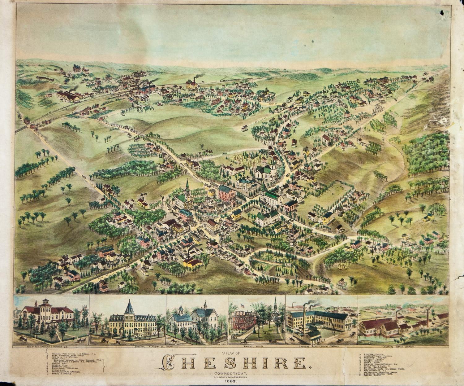 Birds Eye View of Cheshire Connecticut  1882 lithograph pub. by O. H. Bailey