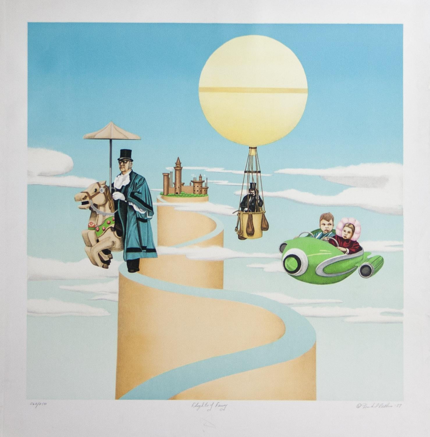 Flights of Fancy est un original signé en édition limitée (060/250 )  lithographie de Michel Pellus montrant  un homme avec un chapeau haut de forme flottant dans le ciel dans une montgolfière, un autre homme avec un chapeau haut de forme dans le