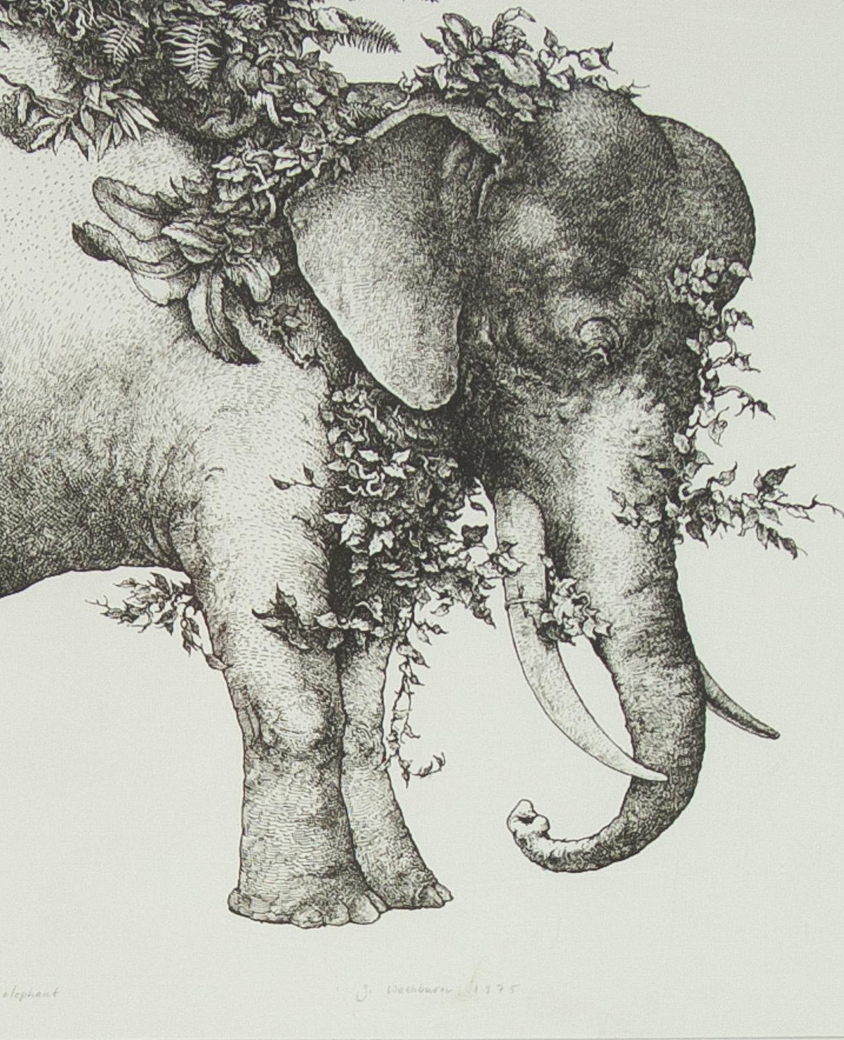 Lithographie d'origine d'éléphant camouflagé 1975 - Print de Stan Washburn
