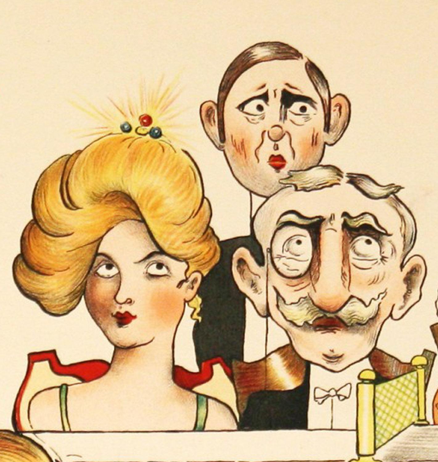 Ping Pong Classic is  a delightfully bold and colorful caricature of the idle rich in the early 1900’s playing at what they do
 best  …. games. This print is in good condition with the top right outside the border corner cut off.  Published by Tabor