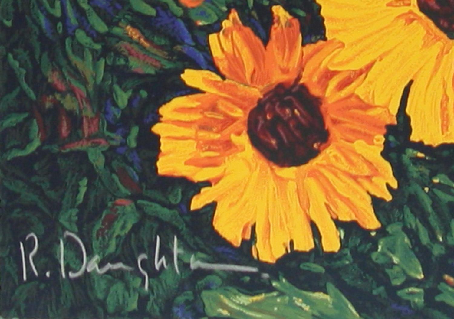    Wild Sunflowers by American impressionist Robert Daughters. A limited edition ( 205/255) serigraph with deckle edges floating on a dark blue mat with a 1/2 inch brown wood fillet and a green top mat and a brown 2 3/4 brown wood frame. Beautifully