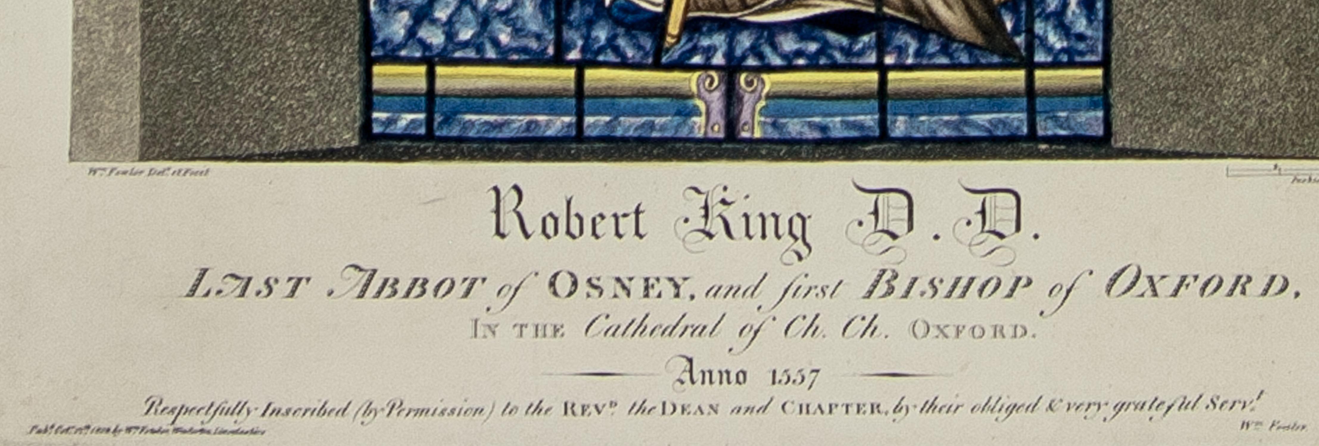 Original hand-coloured acquatint engraving of a stained glass window in Christ Church Cathedral, Oxford, depicting the Bishop Robert King D. D. the last Abbot of Osney and the first Bishop of Oxford, shown here in front of the Oxford Cathedral. With