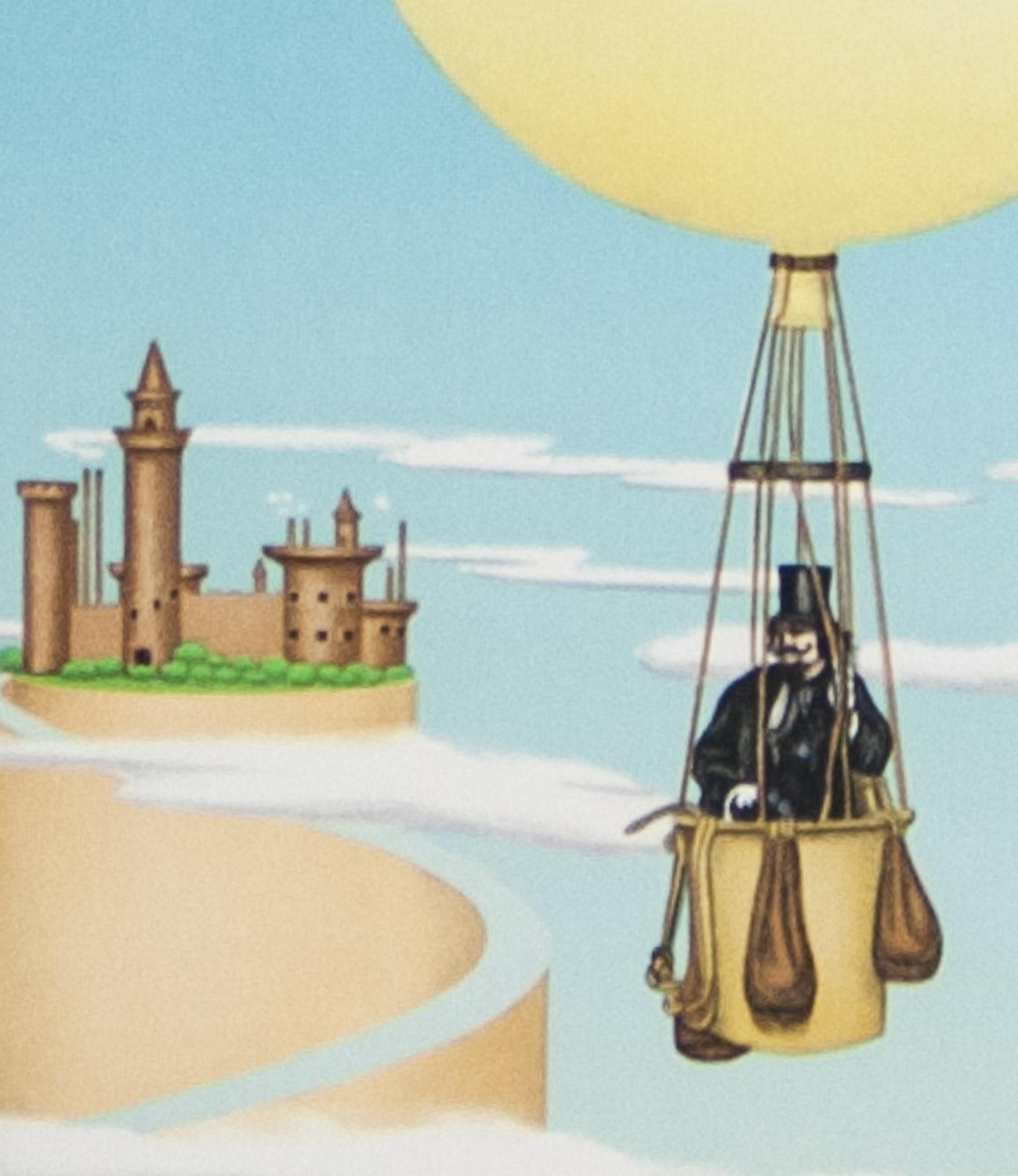 Flights of Fancy is an original signed limited edition (060/250 )  lithograph by Michel Pellus showing  a man in a top hat floating in the sky in a hot air balloon, another top hatted man in the sky on a carousel horse and holding an umbrella  and