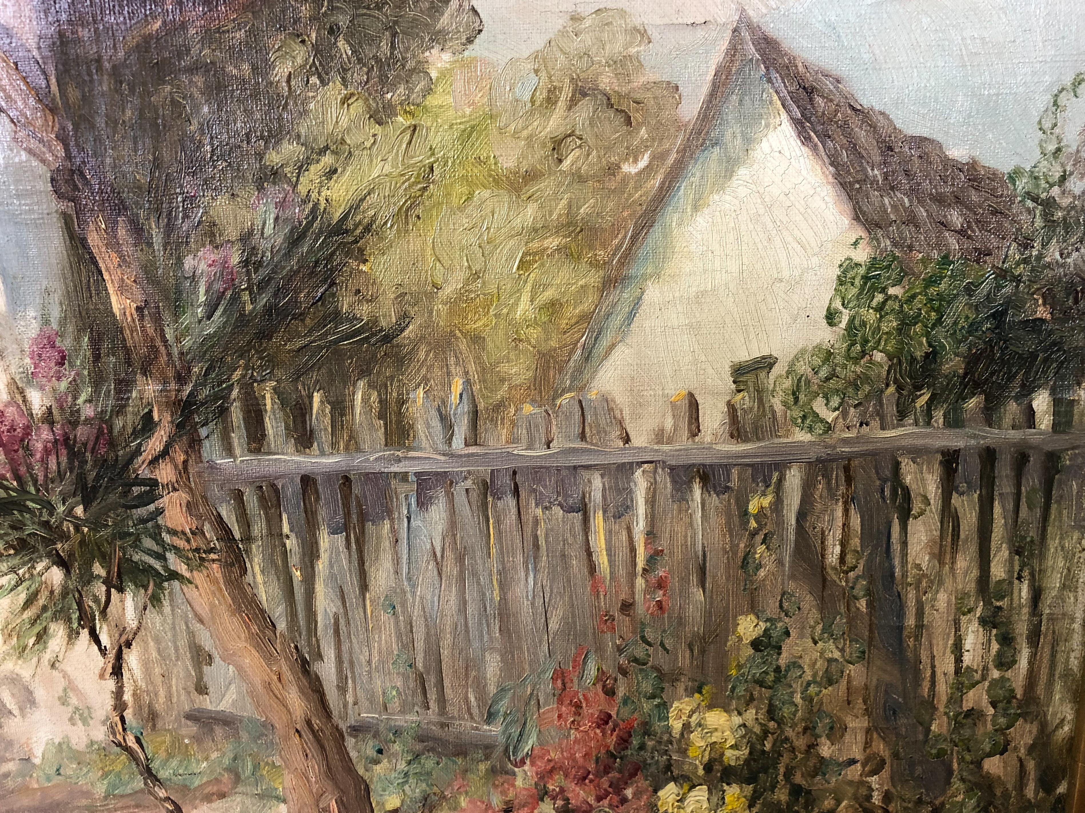 Oil painting of a family enjoying a sunny day outside a cottage by Hungarian artist Agoston Acs (1881-1947). Signed lower right.

