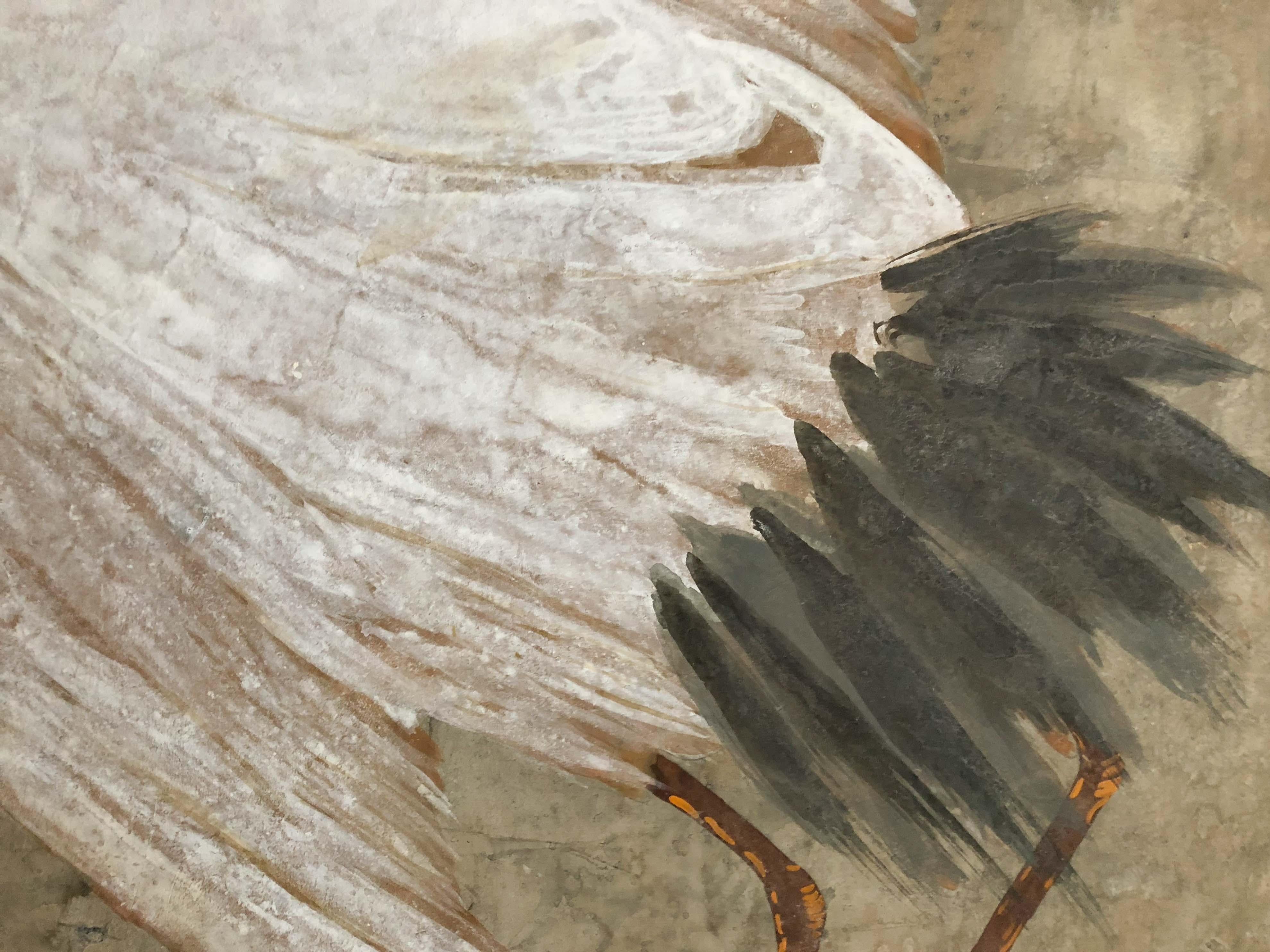 Monumental Korean crane painting on board. Contemporary work of art signed at lower right. Sold by Karl Mann & Associates in New York, this is a gouache painting with original tag. 

Lim Ha Shan was born in 1945 in Seoul, Korea. After receiving his