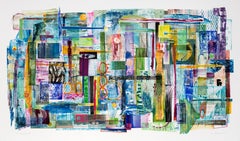 "Pacific Elevator", blue abstraction found object etching hot colors and silver