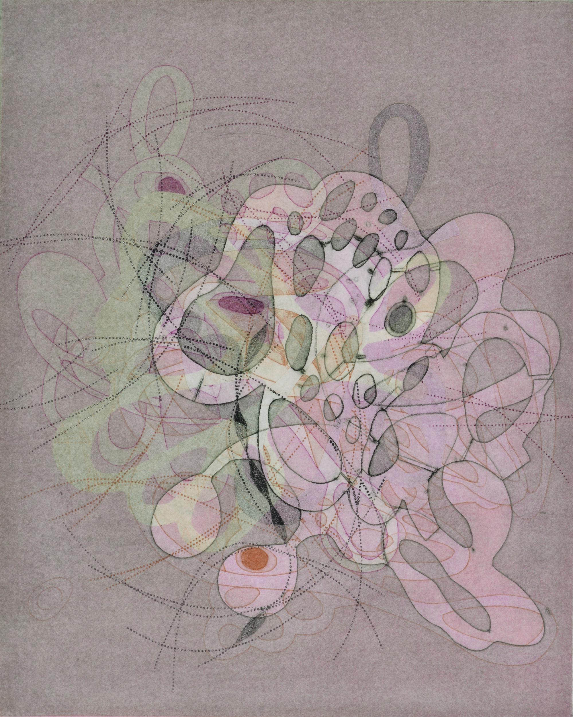 Taiko Chandler Abstract Print - "On and On #13", delicate pastel colored organic, curvy abstract monoprint