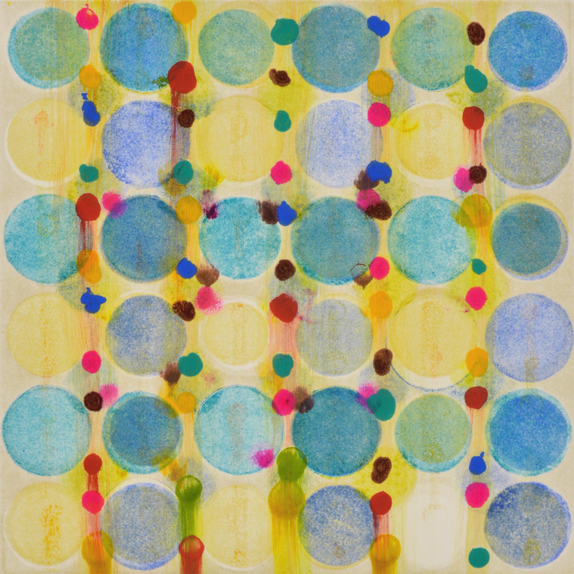 Janine Wong Abstract Print - "Dot Variant 5", color dots, abstract, teal, yellow, pink, yellow, green, blue