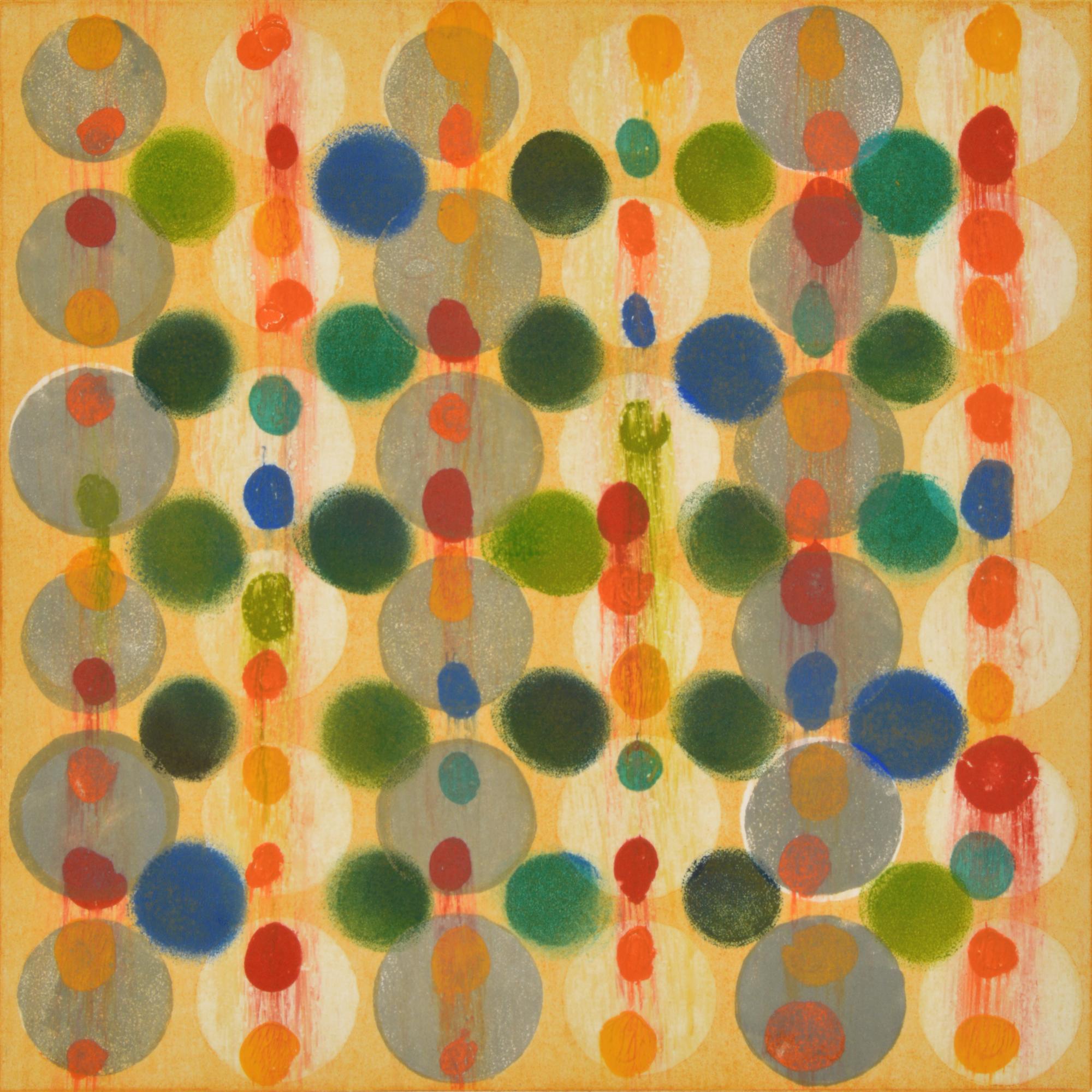 Janine Wong Abstract Print - "Dot Variant 15", color dots, abstract, yellow, green, blue, teal, red, orange