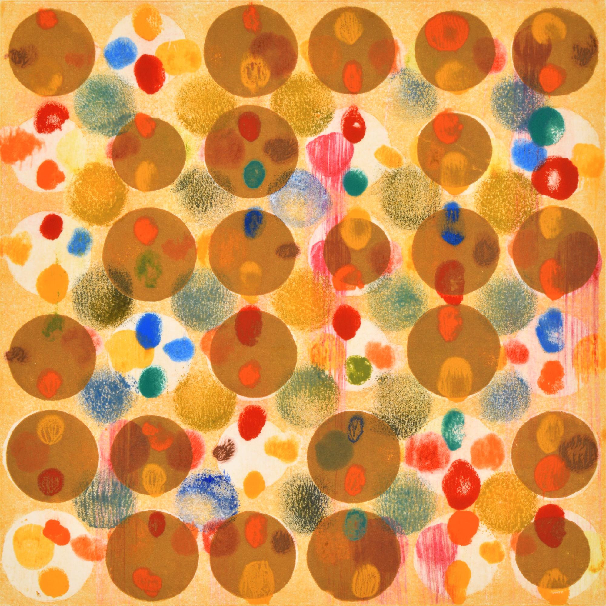 Janine Wong Abstract Print - "Dot Variant 22", color dots, abstract pattern, yellow, red, blue, green, orange