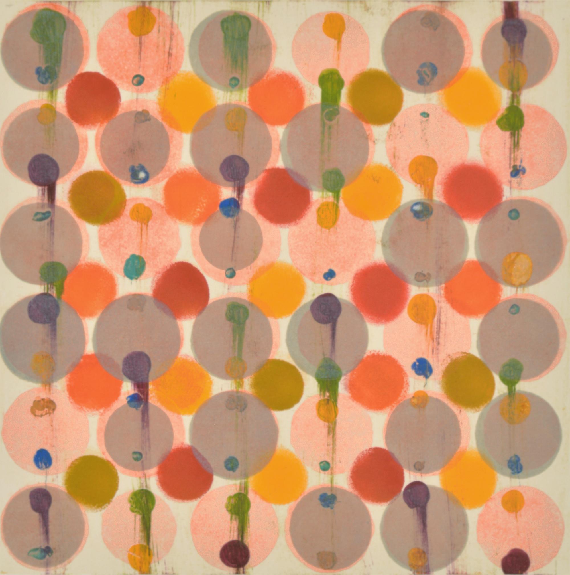 Janine Wong Abstract Print - "Dot Variant 26", color dots, abstract, pink, orange, red, green, yellow