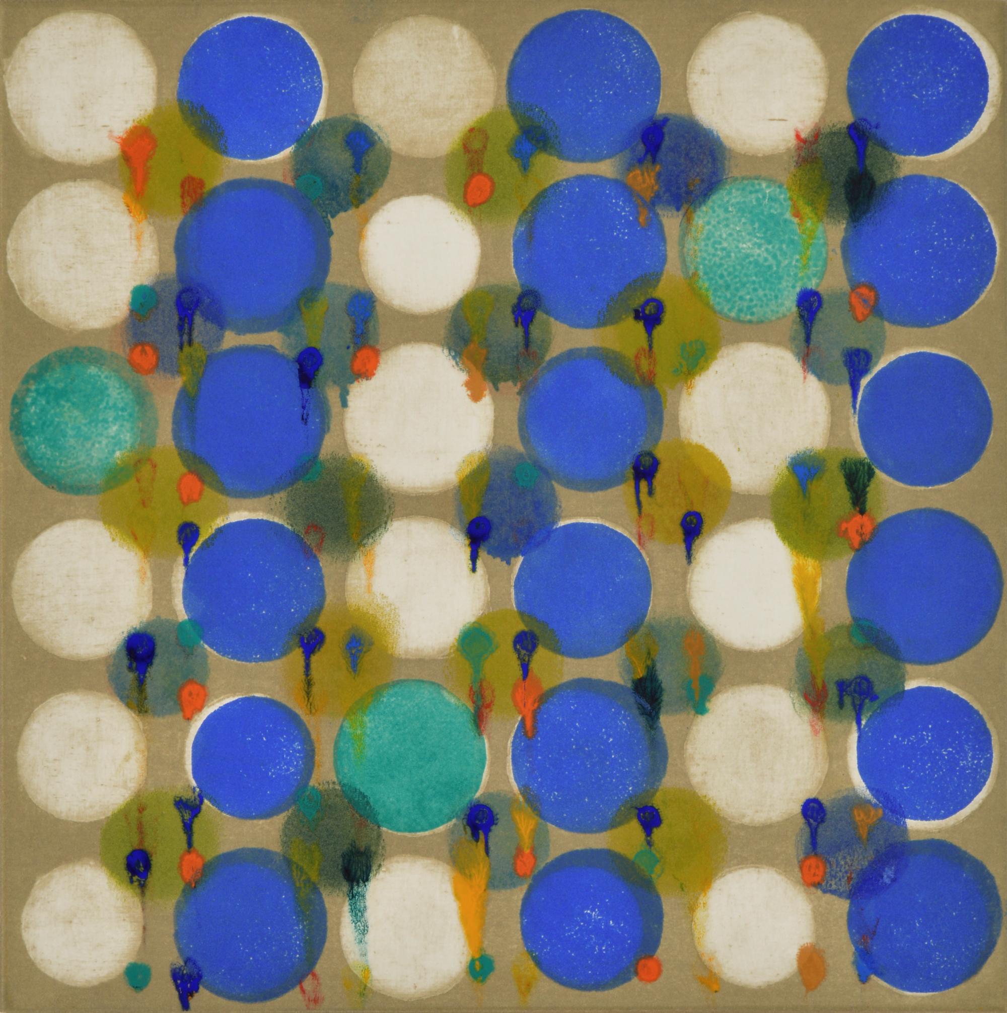 Janine Wong Abstract Print - "Dot Variant 28", color dots, abstract, pattern, blue, teal, orange, ochre