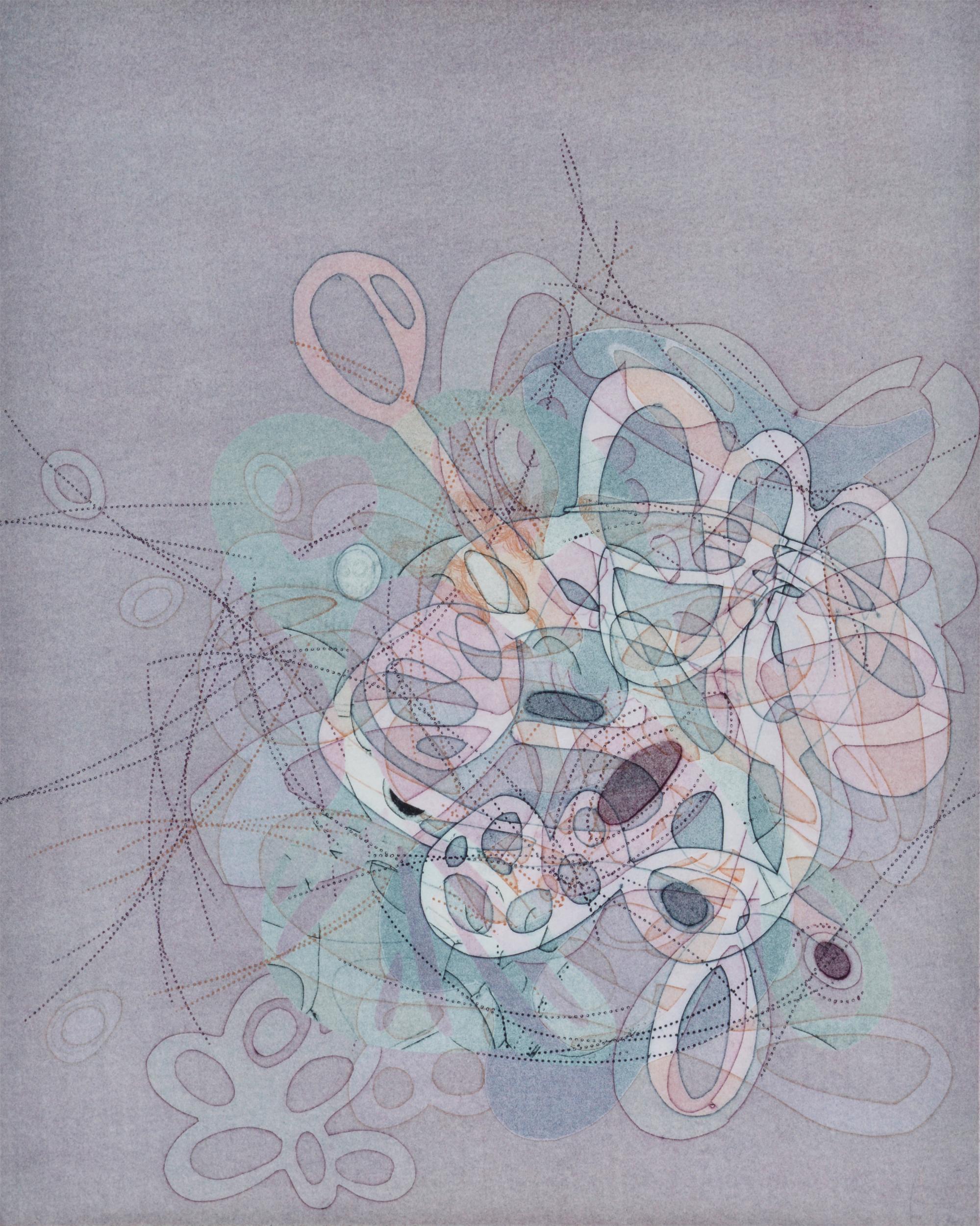 Taiko Chandler Abstract Print - "On and On #18", delicate pastel colored organic, curvy abstract monoprint