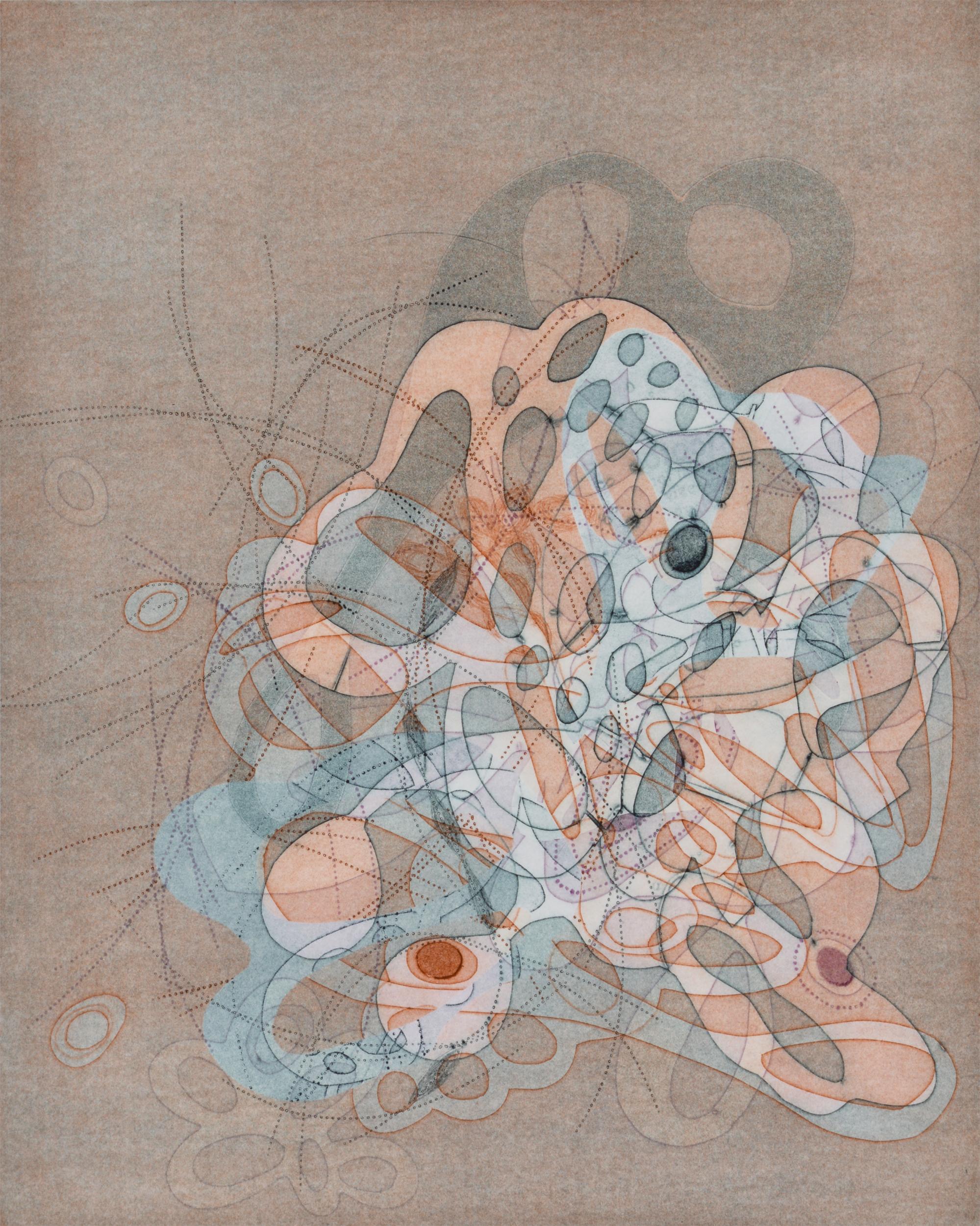 Taiko Chandler Abstract Print - "On and On #20", delicate pastel colored organic, curvy abstract monoprint