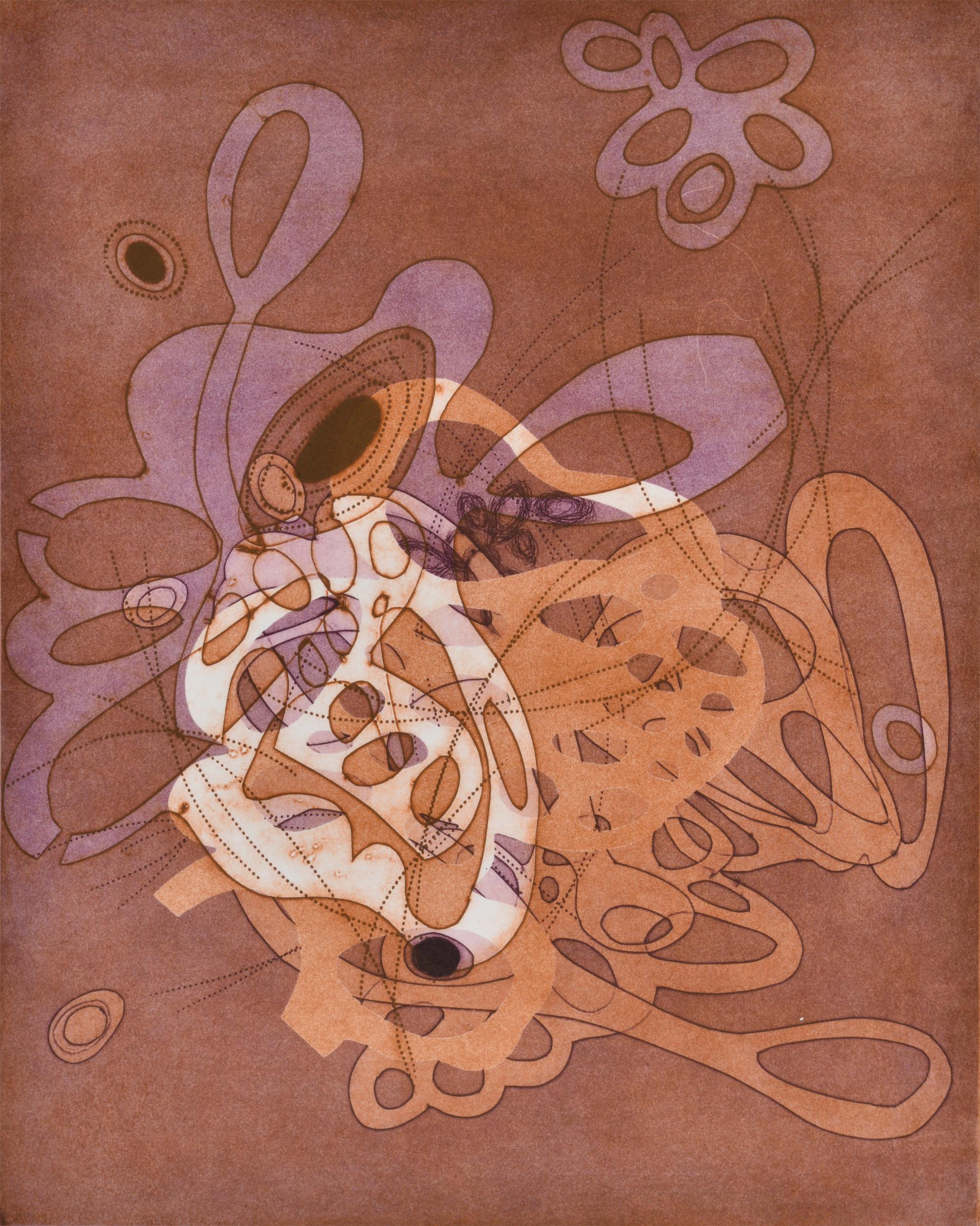 Taiko Chandler Abstract Print - "On and On #21", Delicate pastel colored organic, curvy abstract monoprint