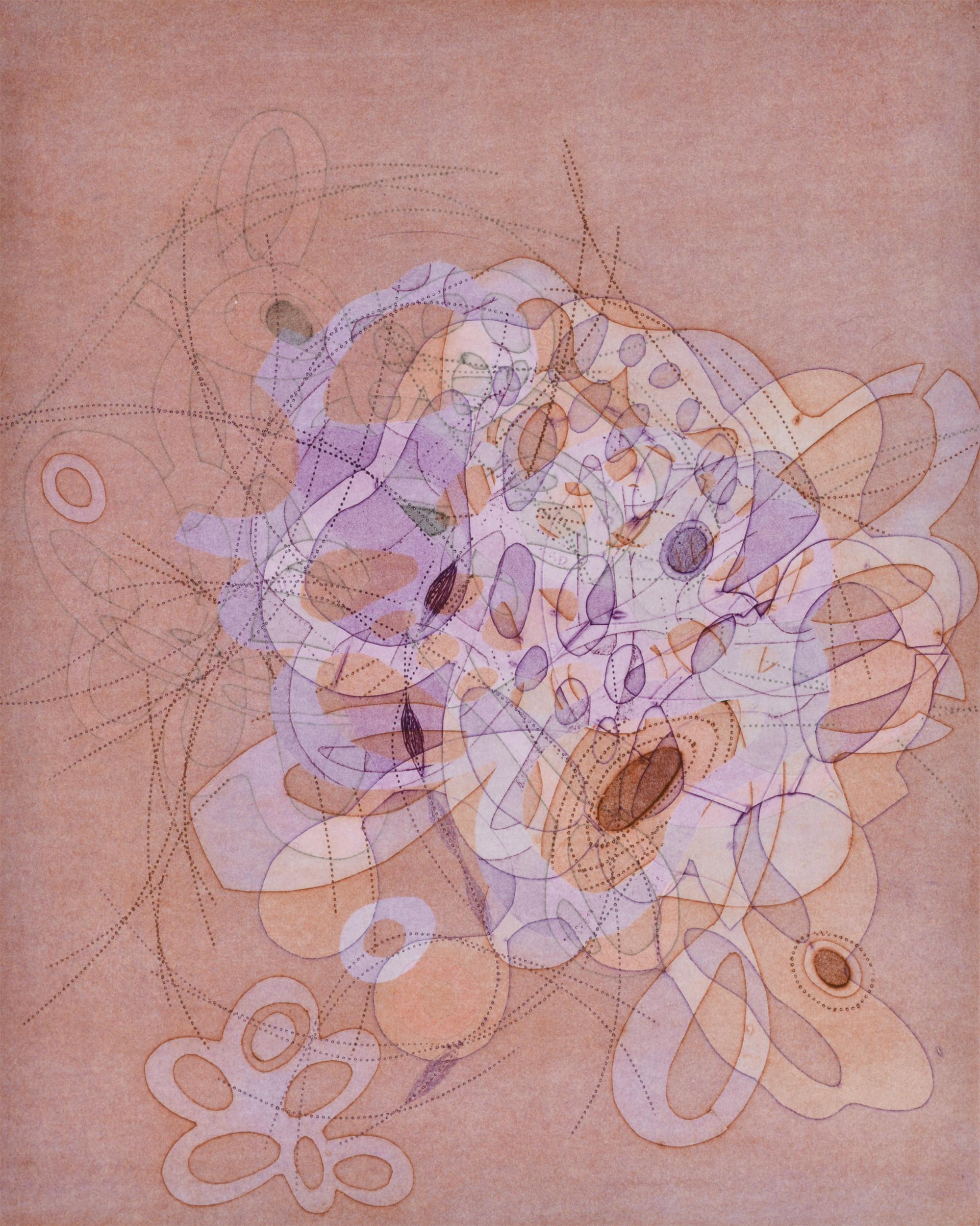 Taiko Chandler Abstract Print - "On and On #25", delicate, pastel colored organic, curvy abstract monoprint