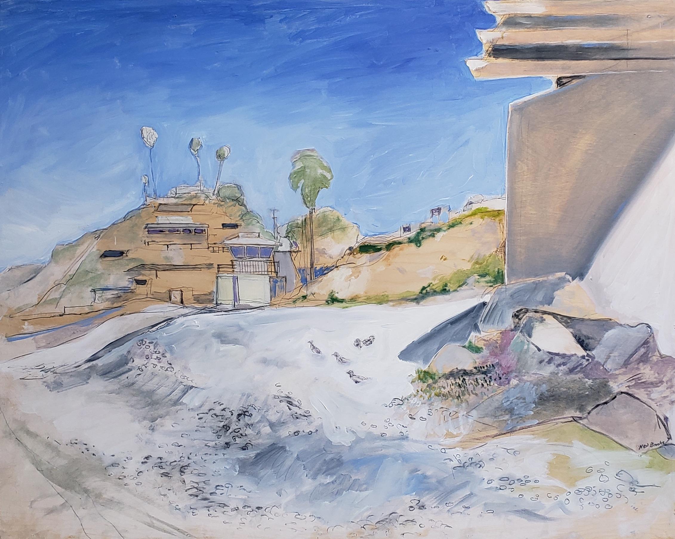 Neil Brooks conveys the essence of San Diego in his vibrant large-scale paintings. Starting with quick sketches on-site, he then develops ideas on large canvases stretched over his studio wall. He holds off on finishing his paintings for as long as