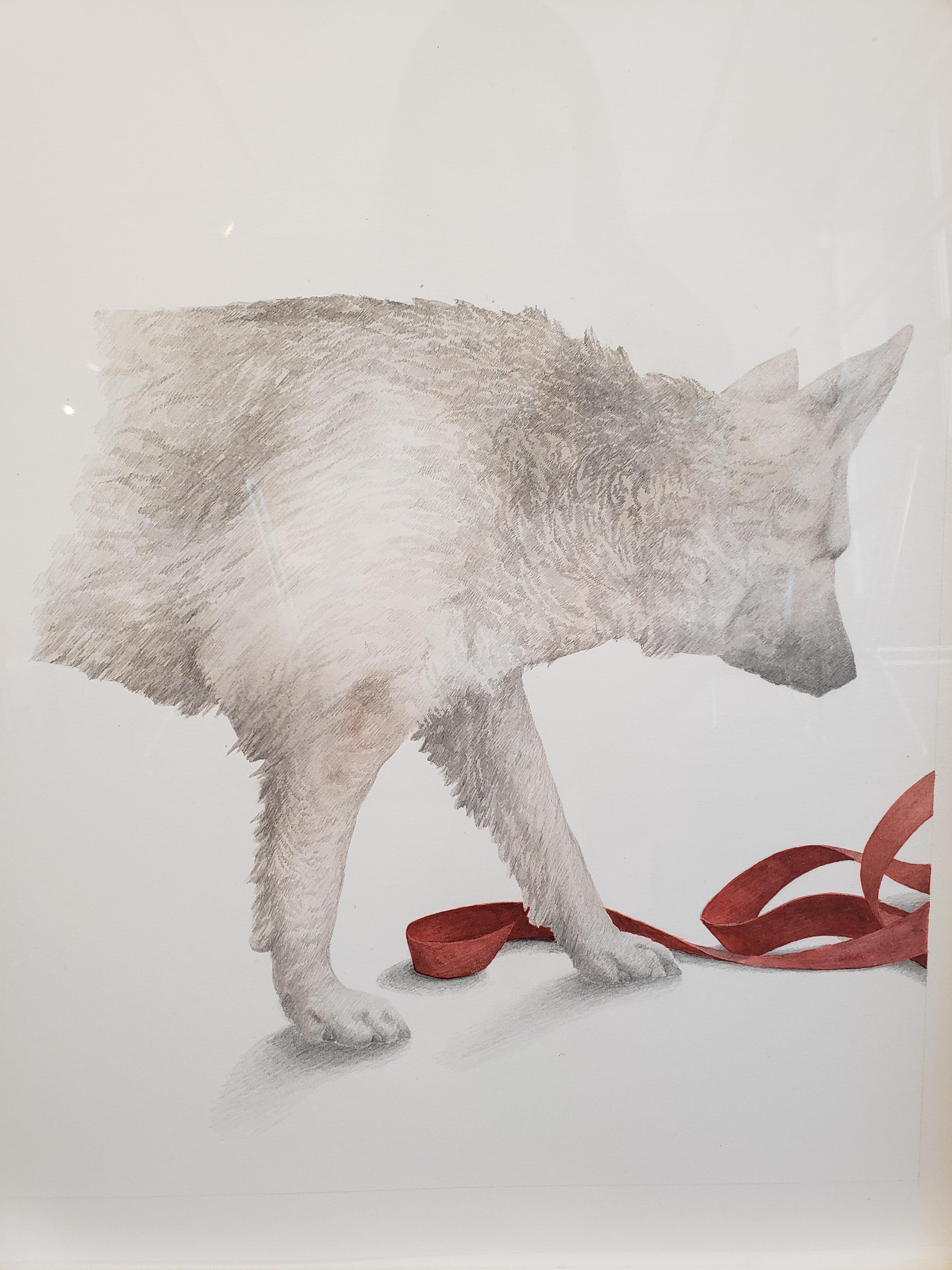 Greg Murr combines painting and drawing in airy compositions that function as philosophical inquiries into the flux of the natural world. In "With Ribbon," Murr depicts a wolf inspecting a red ribbon, which unfurls on the right side of the