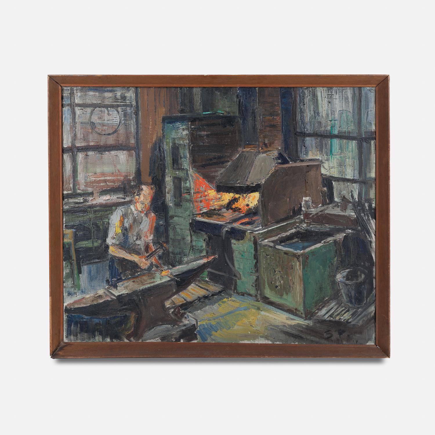 Stella Platt Figurative Painting - Painting of Blacksmiths Shop 
