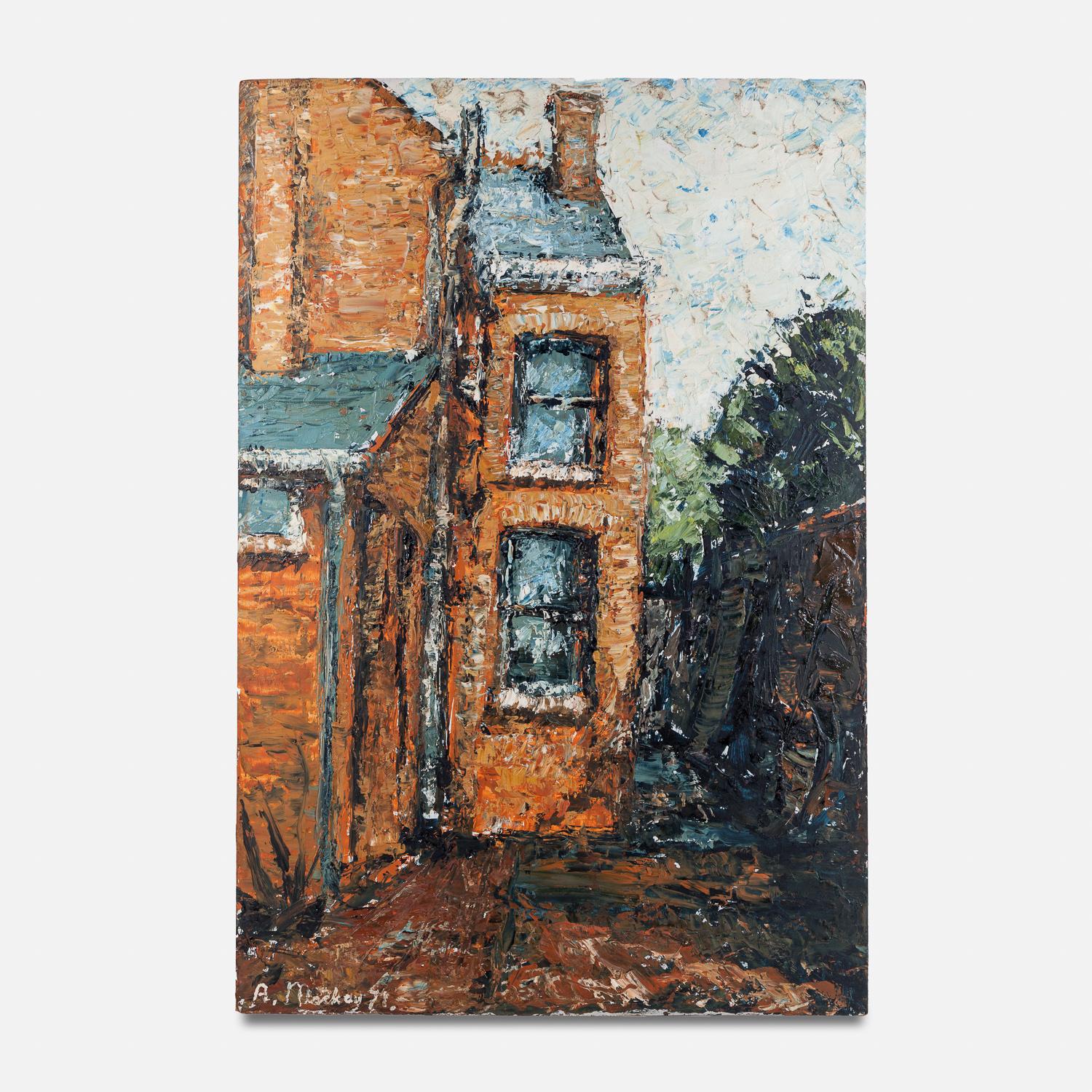 20th Century Oil on Board Painting of a Red Brick House by A. Mackay - Art by Unknown