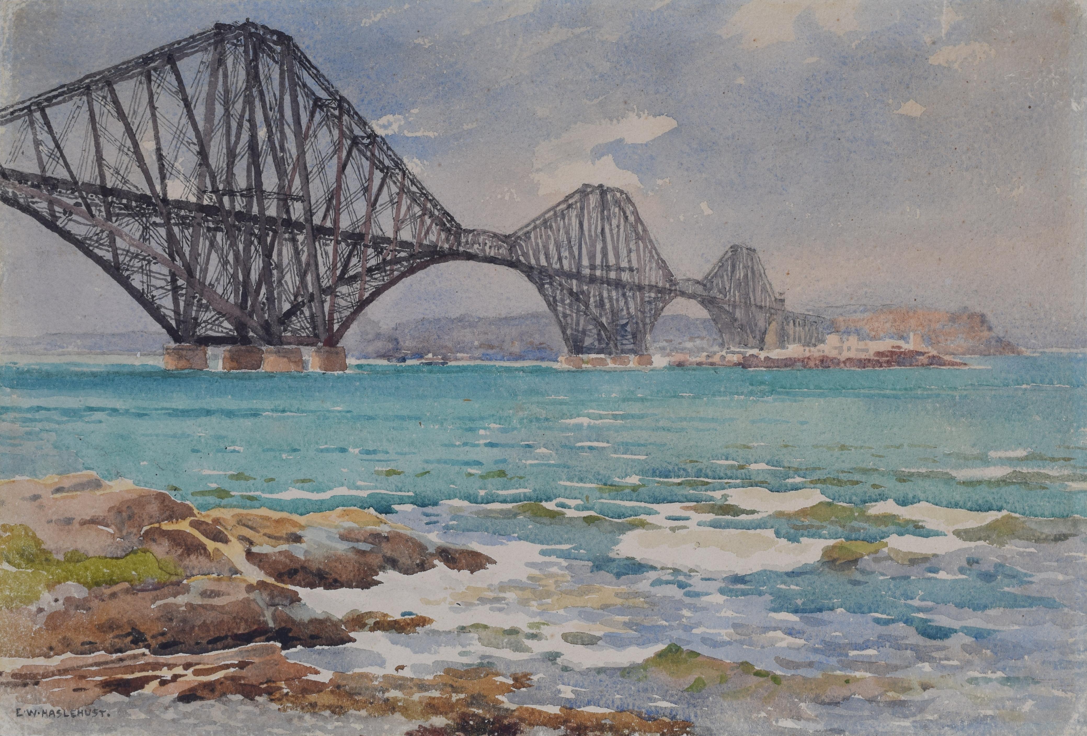 Ernest William Haslehust Landscape Art - Forth Bridge and Fife Coast by EW Haslehust Scotland, published watercolour