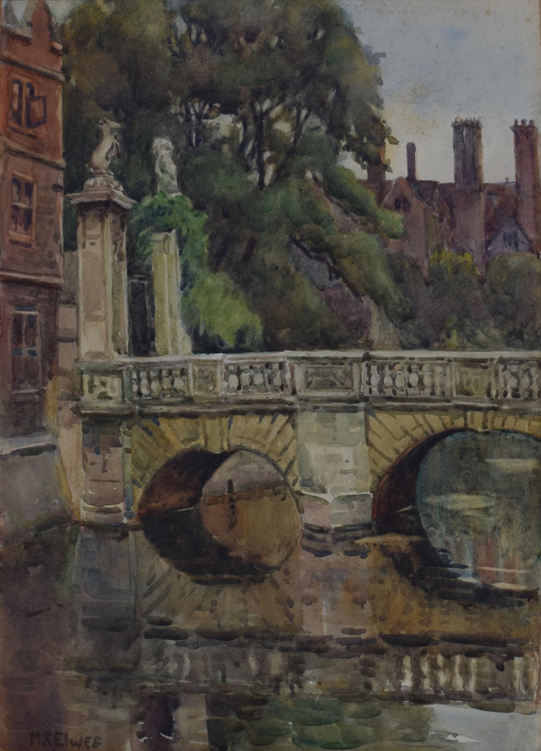 Mary Somerville Elwes Landscape Art - St John's College Cambridge watercolour Kitchen Bridge and River Cam Mary Elwes