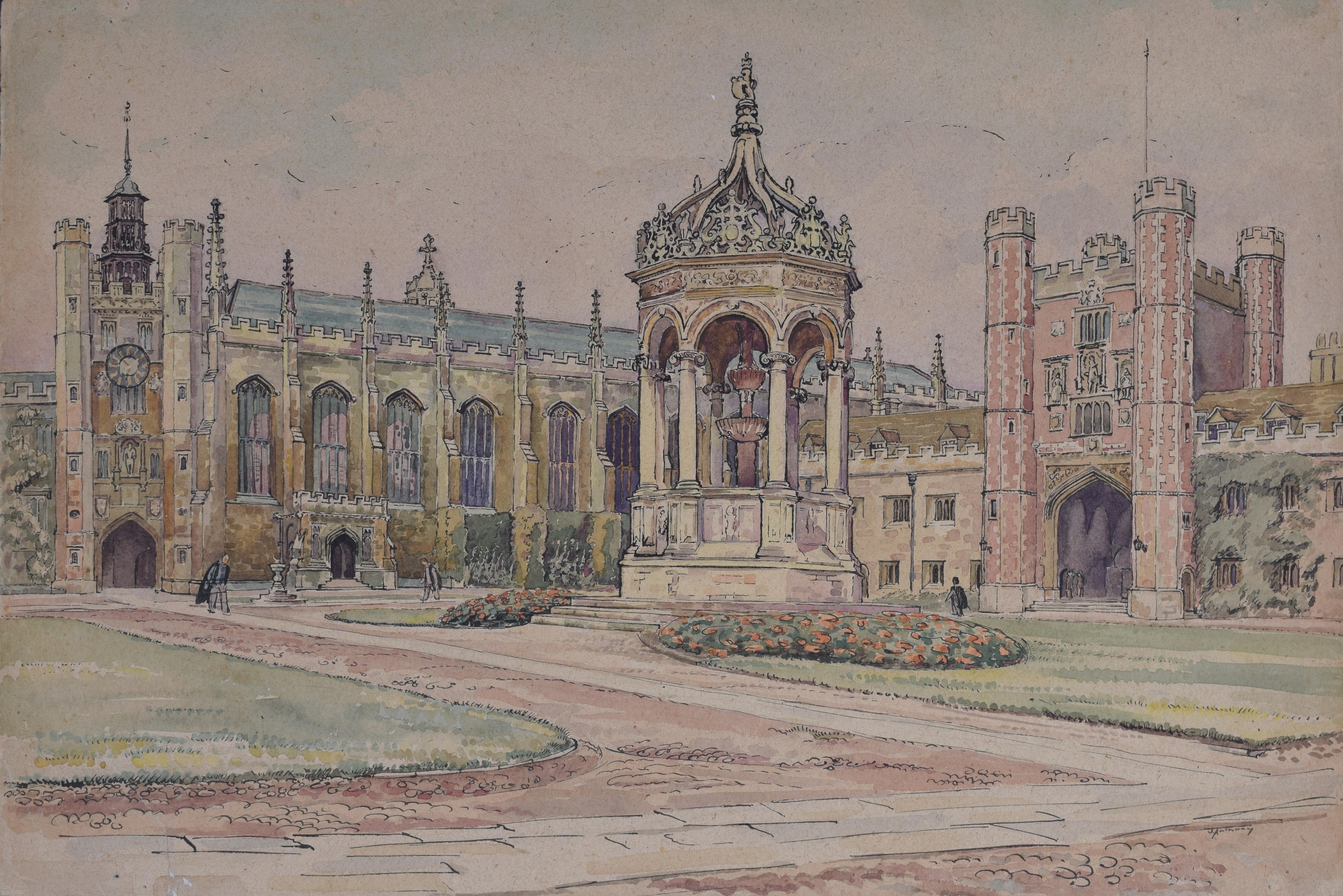 Great Court, Trinity College Cambridge, peinture à l'aquarelle d'art J V C Anthony