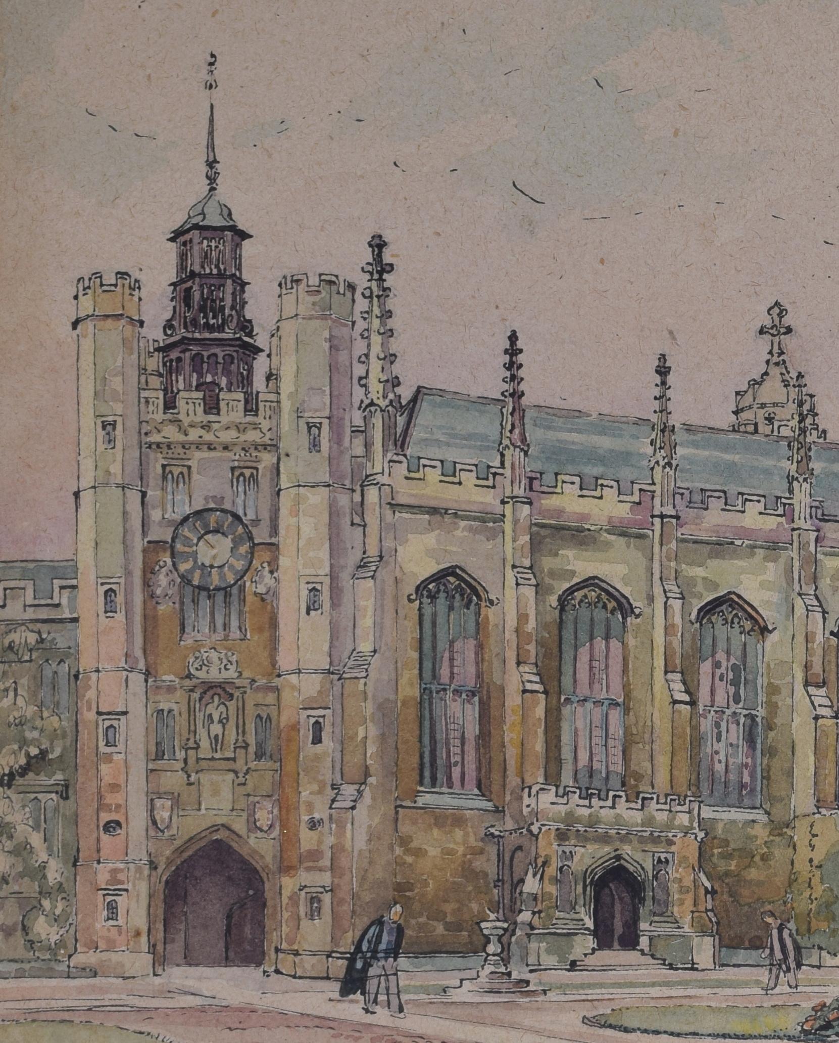 Great Court, Trinity College Cambridge, peinture à l'aquarelle d'art J V C Anthony - Gris Landscape Art par JVC Anthony
