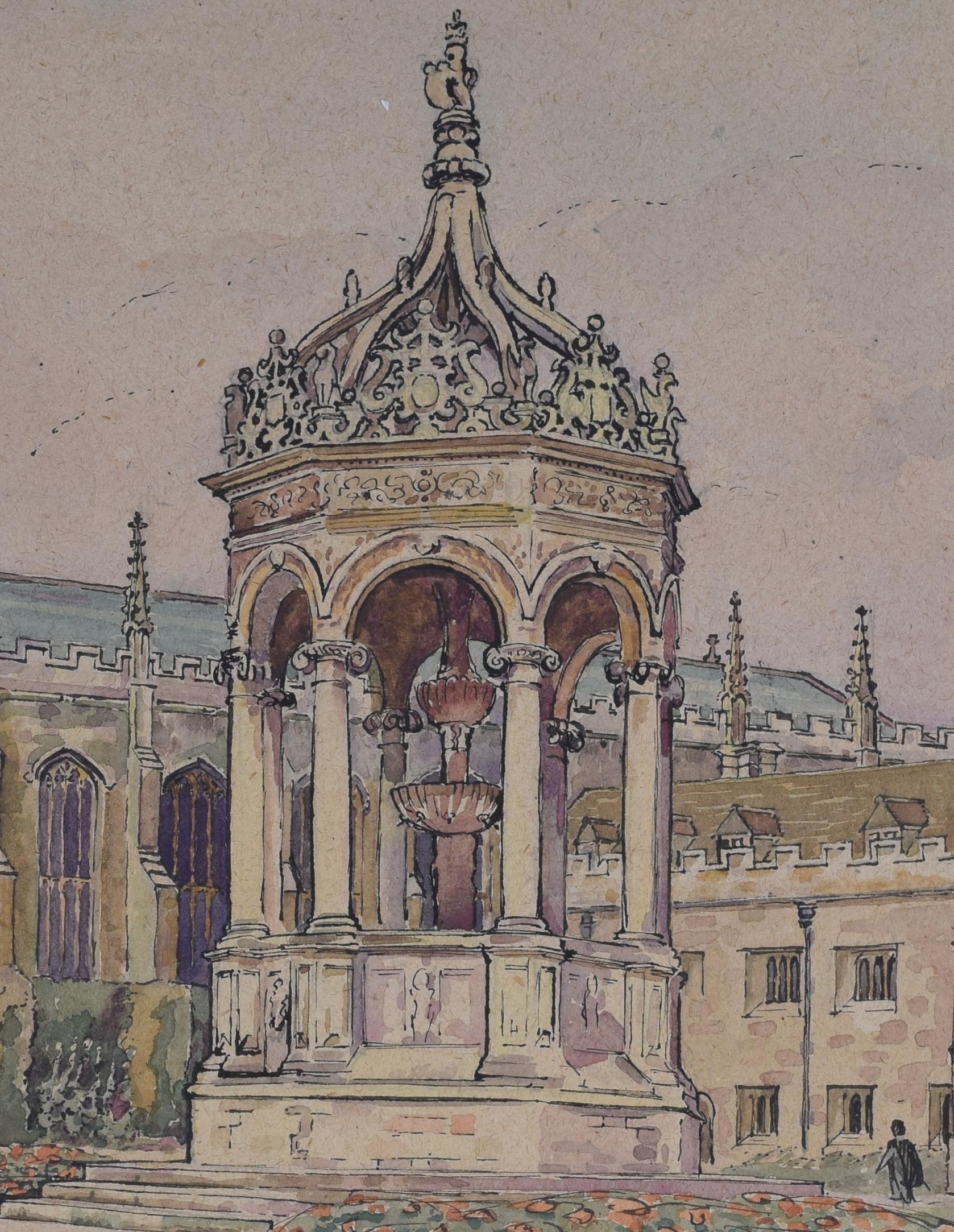 Great Court, Trinity College Cambridge, peinture à l'aquarelle d'art J V C Anthony - Moderne Art par JVC Anthony