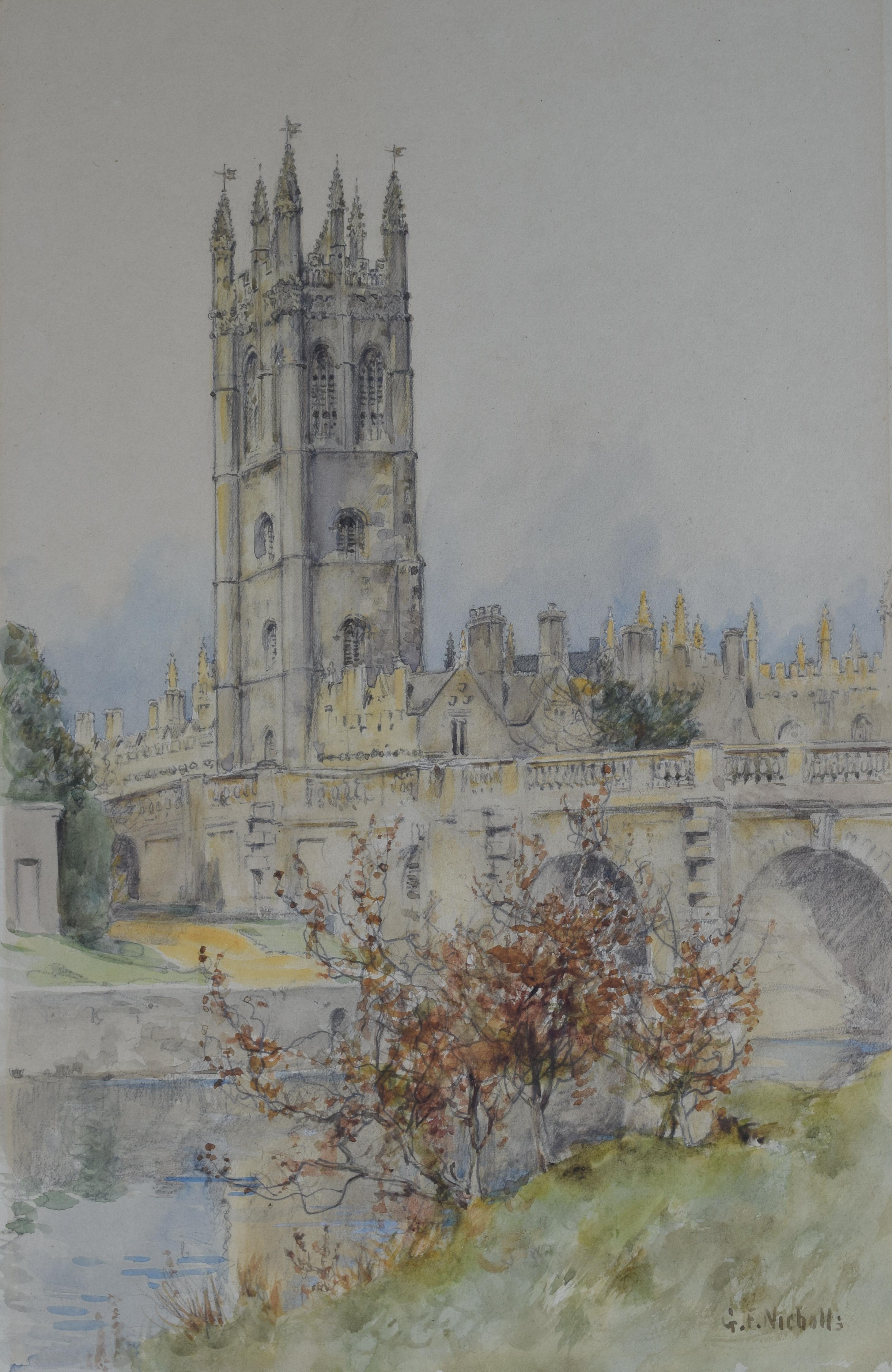 George Frederick Nicholls Landscape Art - Magdalen College and Bridge from the Cherwell, Oxford watercolour G F Nicholls