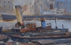 Pool of London Ron Whittenbury Modernes britisches Kunstgemälde, Ölgemälde, Schifffahrt in Thames