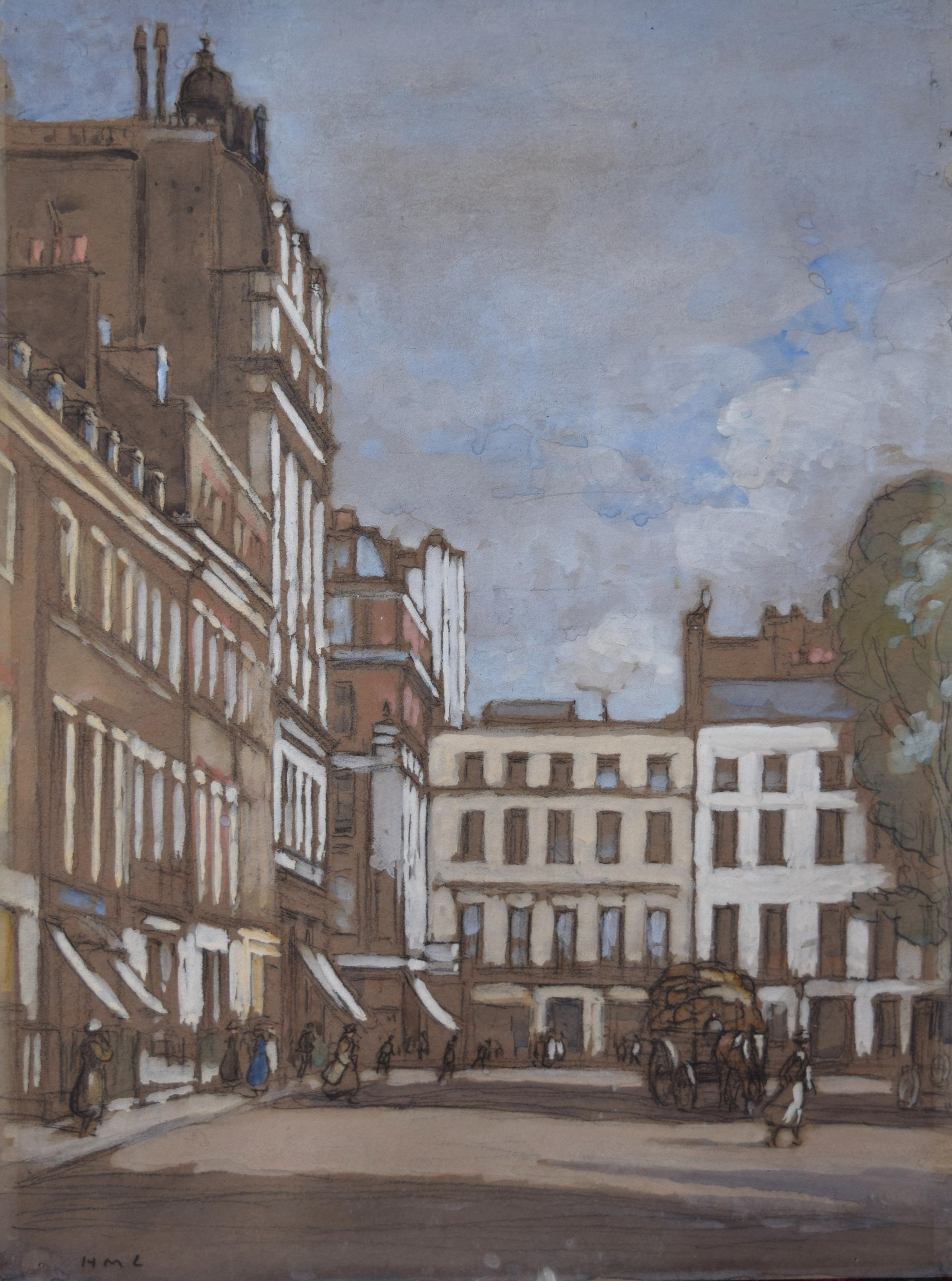 Horace Mann Livens Landscape Art – Horace Mann lebt am Hanover Square, London, Gouache-Gemälde, Edwardian, 1920