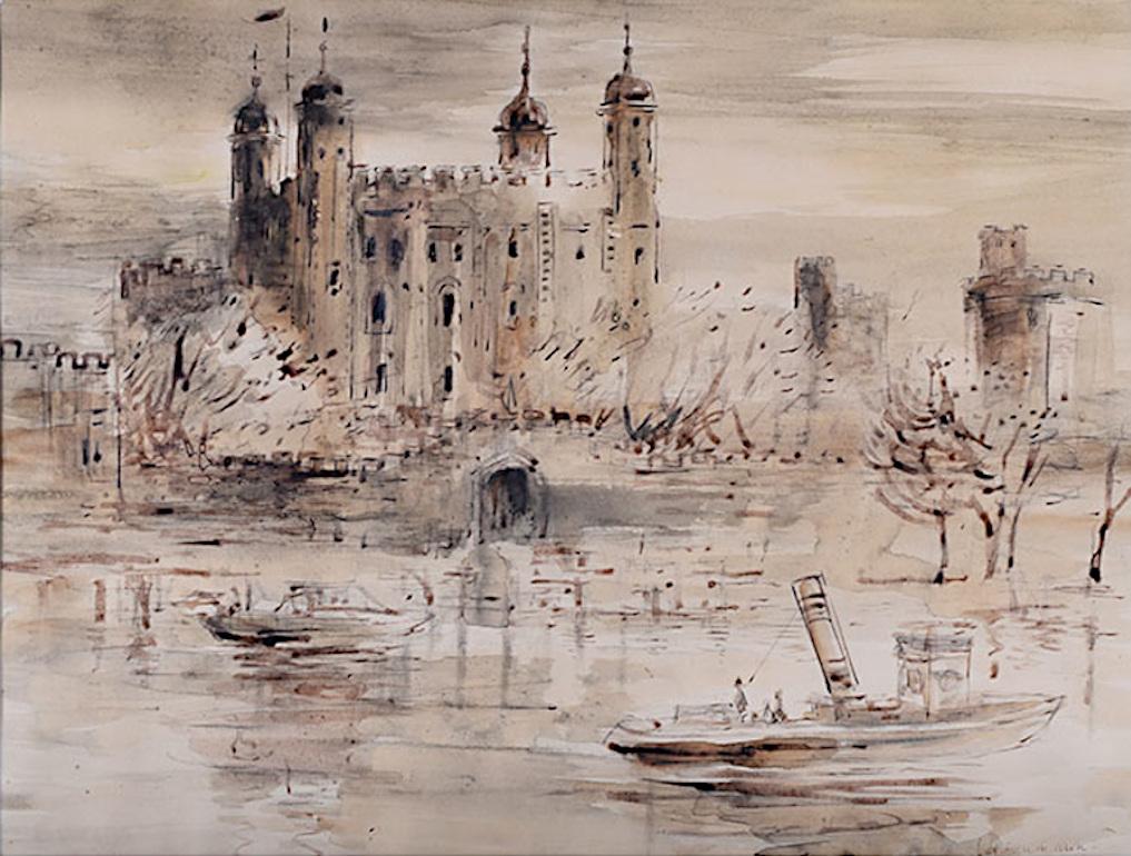 Landscape Art Violet Hilda Drummond - Hilda Drummond: The Tower of London Modern, aquarelle britannique violette