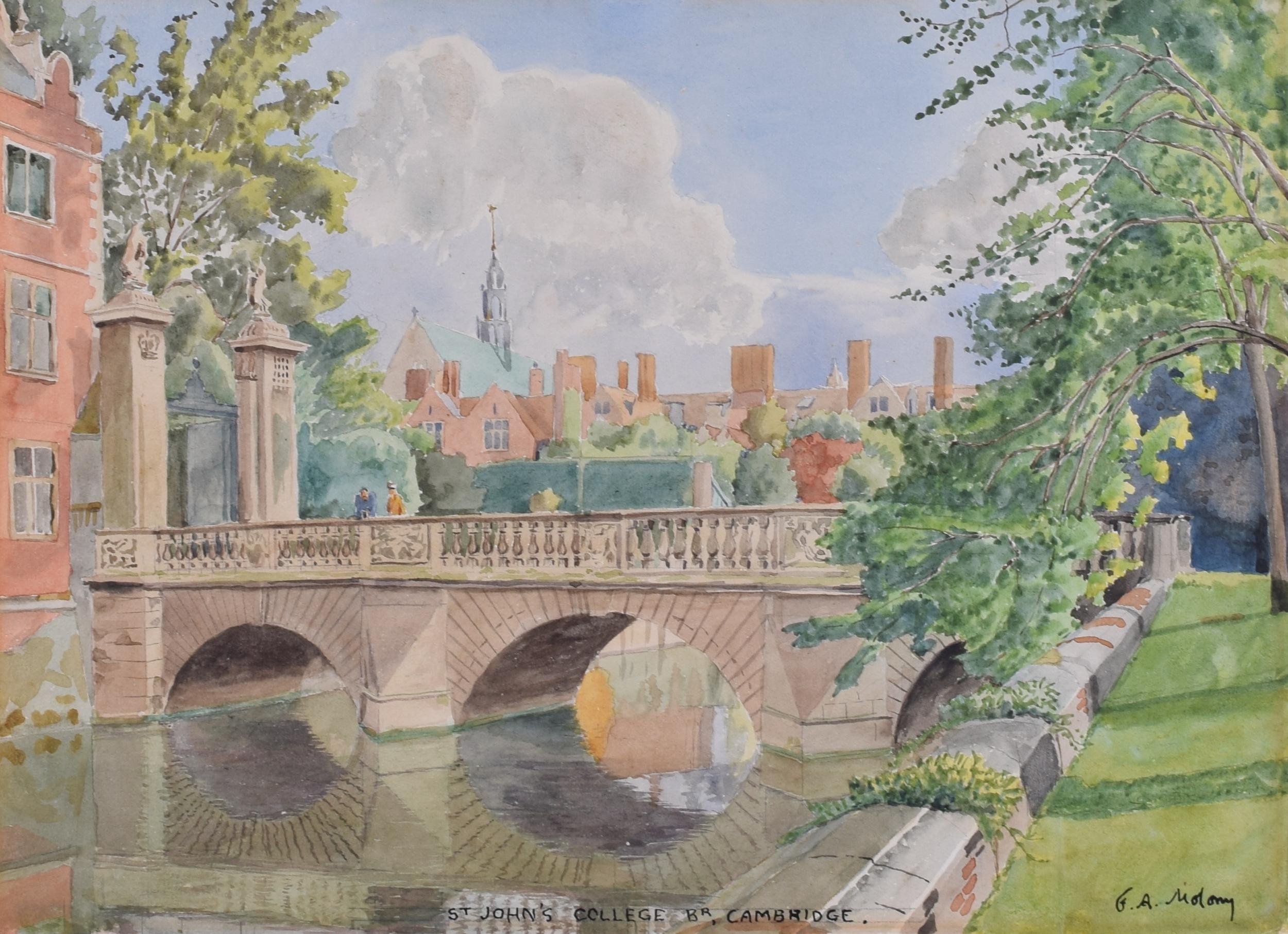 Major F.A. Molony Landscape Art - St John's College Cambridge Wren Bridge watercolour Major FA Molony