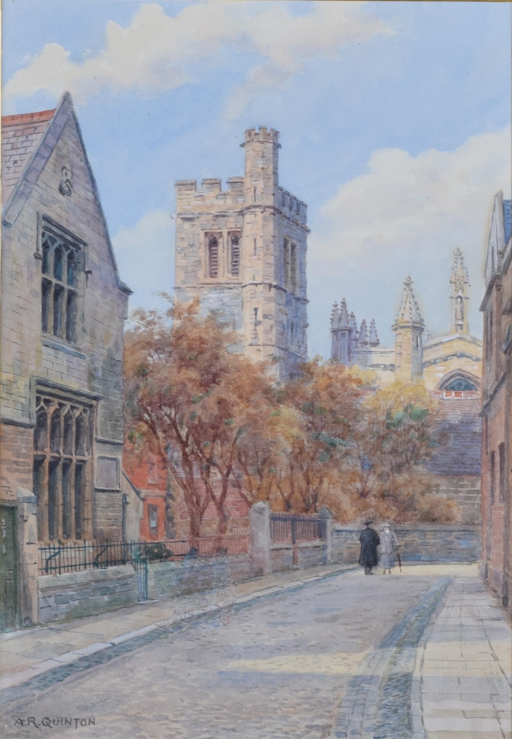 A R Quinton (1853-1934) – Alfred Robert Quinton
New College Bell Tower, Oxford
Signed lower left
Watercolour
25x17cm

Between 1904 and his death over 2000 of Quinton’s paintings were published. Well known for his paintings of landscapes and