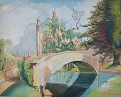 Antique King's College Cambridge River Cam 1920s Art Deco Jazz Age watercolour art 