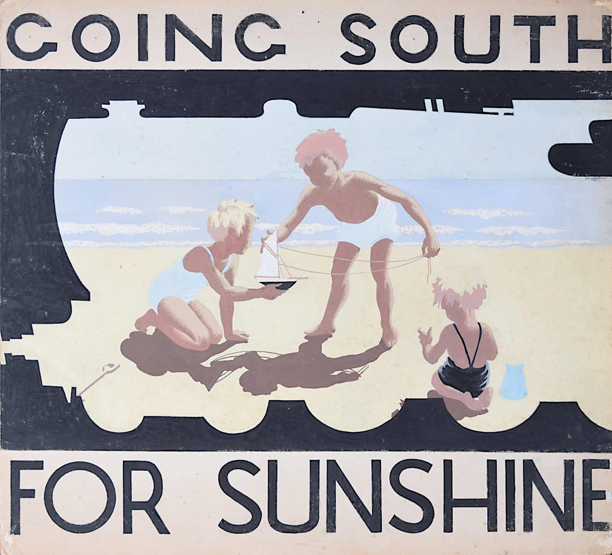 Unknown Landscape Art - 1930s Original Gouache Design for Railway Poster Going South for Sunshine Beach