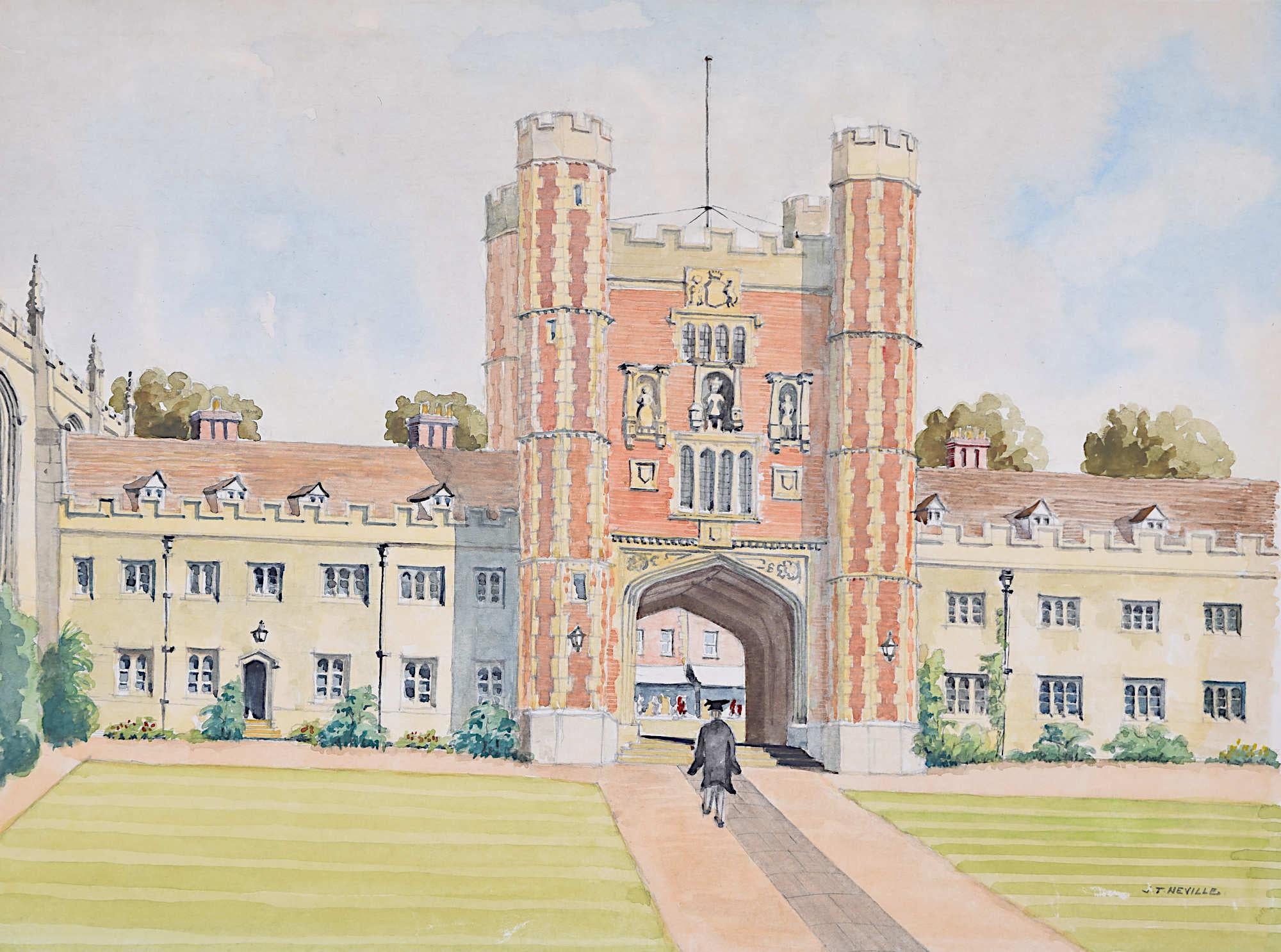 Neville J T Landscape Art - Trinity College Cambridge Great Court watercolour by J T Neville