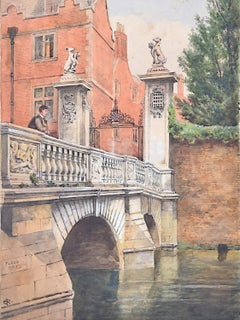 Antique St John's College Cambridge Edwardian watercolour Wren Bridge River Cam c. 1900