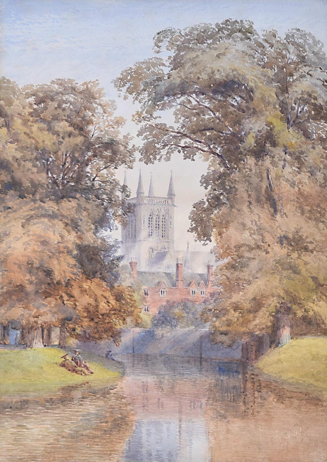Unknown Landscape Art - St John's College Cambridge University watercolour The River, Scholars Before 