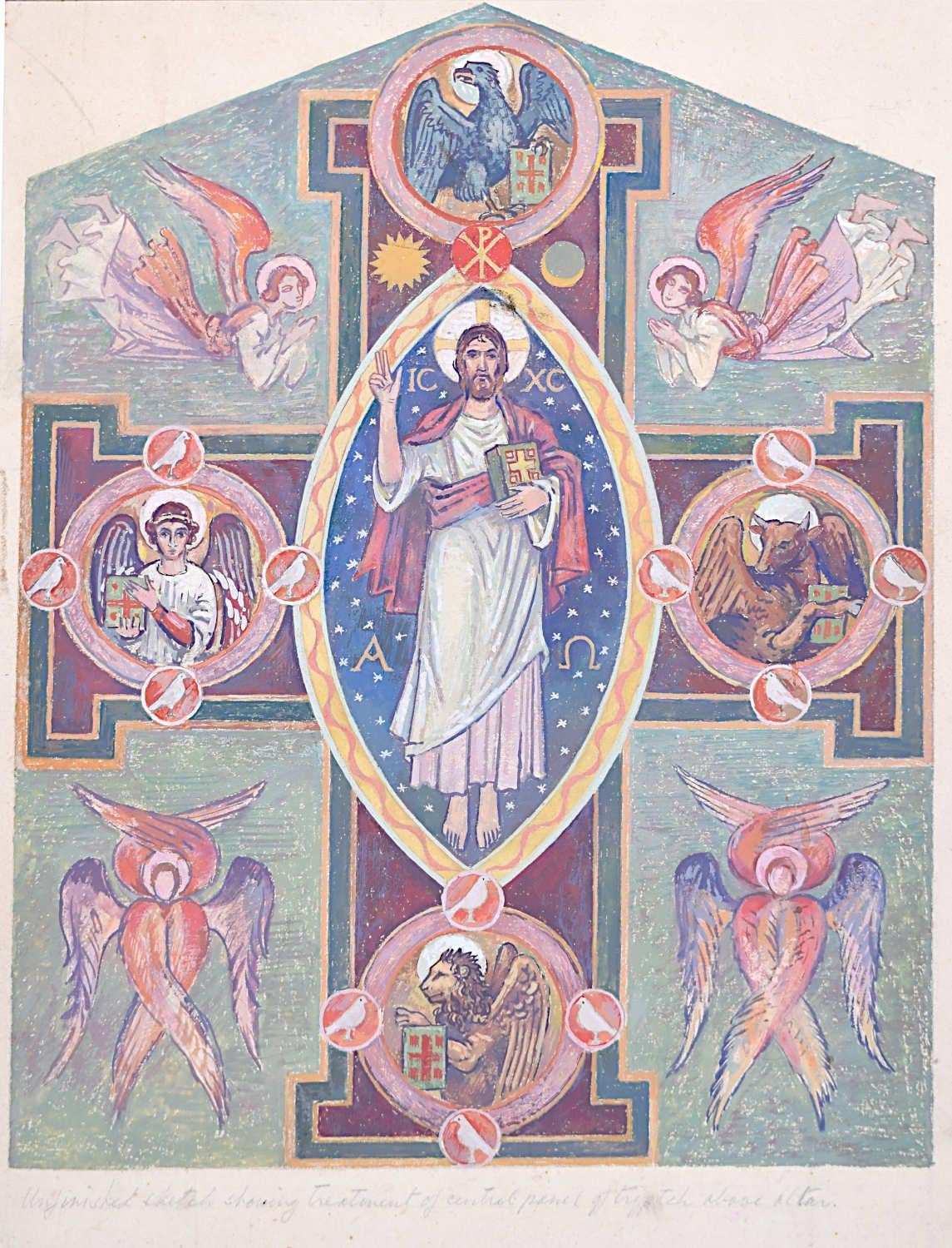 Edwardian Ecclesiastical Design for Triptych above Altar Gouache Arts and Crafts