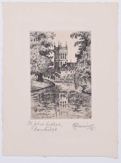 St John's College Cambridge gravure à l'eau-forte R Warwick imprimée chapelle, vers 1920