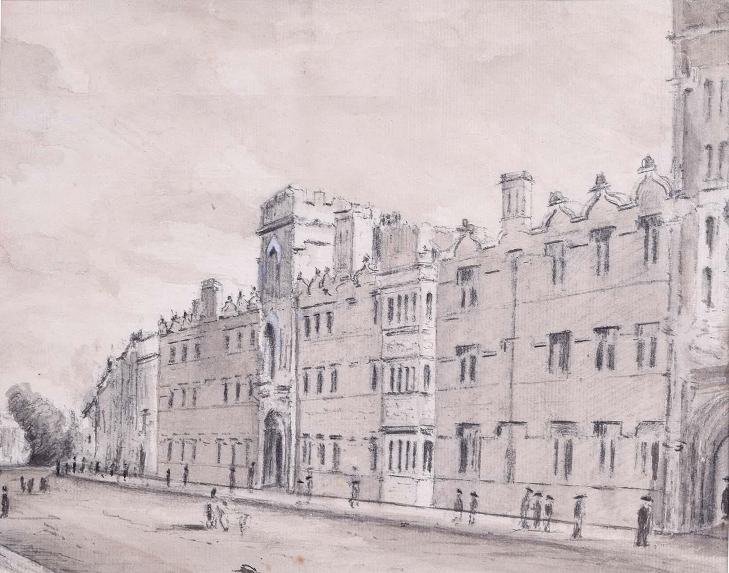 Unknown Landscape Art – Oxford High Street Oxford High Street um 1840  Bleistift und Wachs auf Papier