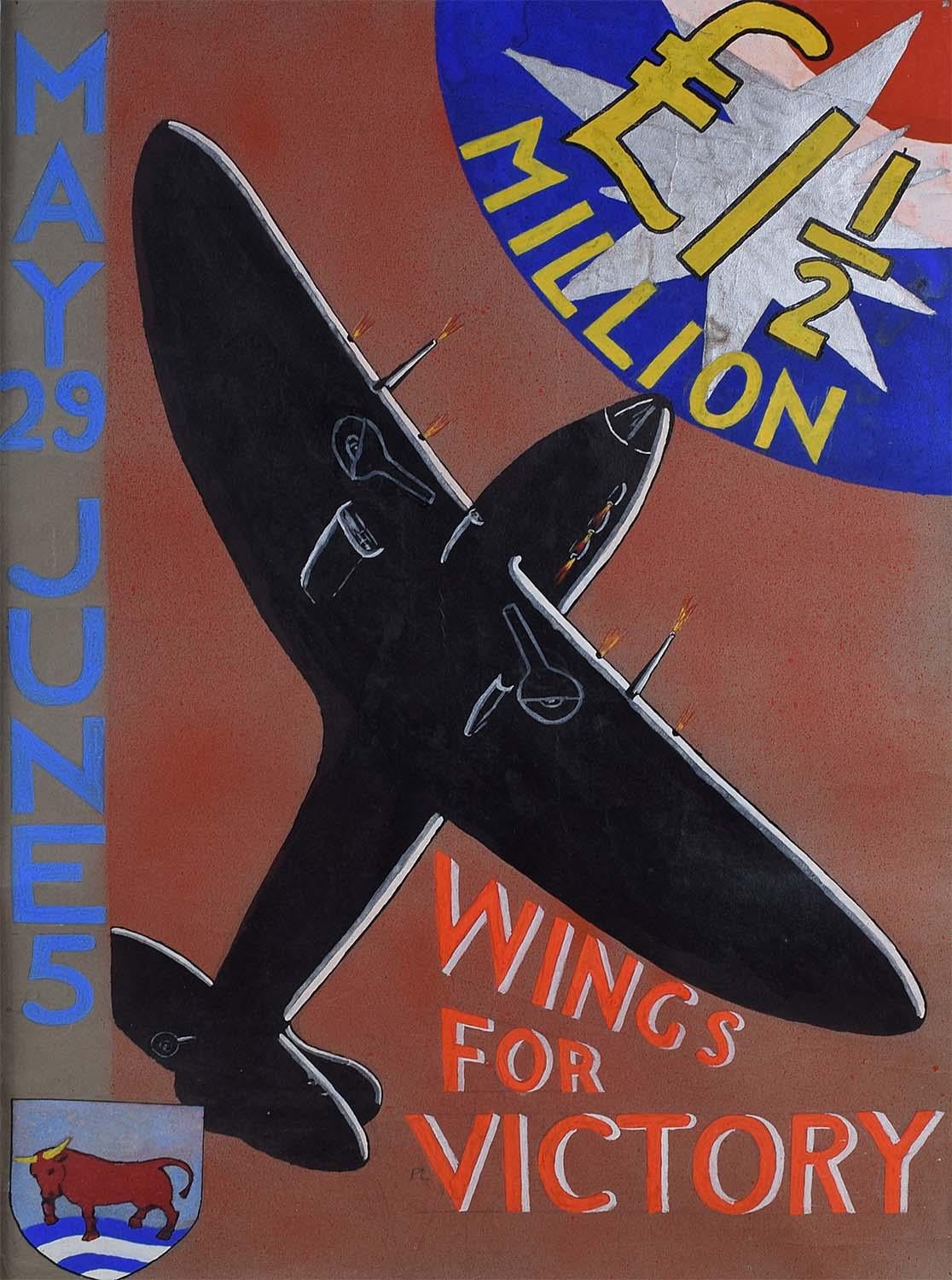 WW2 Spitfire Oxford Wings for Victory Original Vintage Poster Design Gouache 