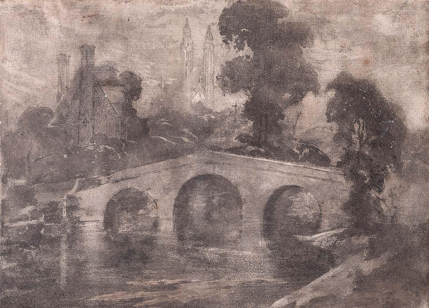 Bridge mit Blick auf das Kings College, Cambridge, Radierung William McWhannel Petrie 