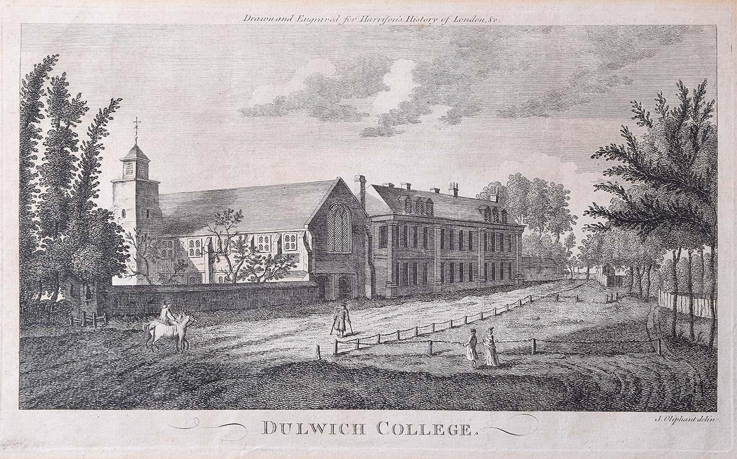 Dulwich College J Oliphant-Gravur 1775 Harrisons Geschichte Londons, Dulwich College