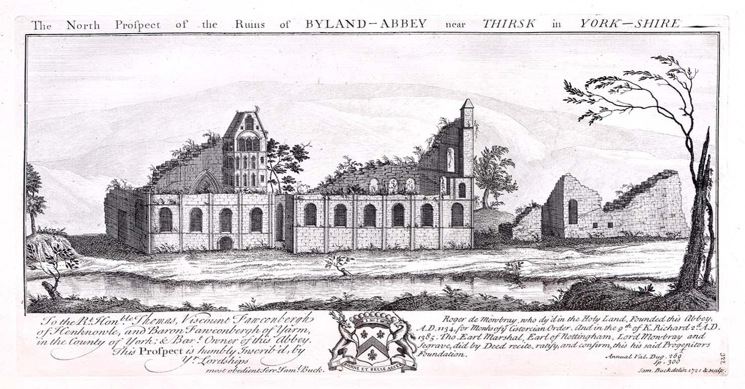 Samuel Buck (1696-1779) Ruins of Byland Abbey Yorkshire Engraving Print